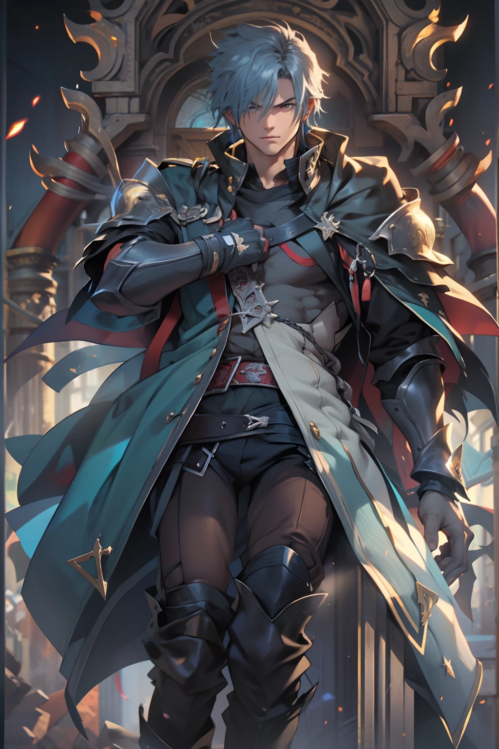 (absurdos, Altas Resoluciones, Ultra detallado, HDR), Obra maestra, La mejor calidad, final fantasy xvi, clive rosfield, 1hombre solamente, guapo, pelo corto, cabello negro, Ojos azules vibrantes, ojos finos y cara detalladas, Armadura, ((Arma intrincada)), Sentado en el trono, piernas abiertas, sonrisa afectada, molesto. Final Fantasy, clive rosfield,, abs, badass pose, Chico de anime en una cama con las manos en la cabeza, Hermosa pose de anime, Anime hombre guapo, Personaje masculino de anime, Badass Anime 8K, Arte detallado del personaje de anime, Concepto de anime HDR Anime MacManus, Chico anime, Ikuto Yamashita, Anime CG arte suave, Fondo de pantalla de manga 4 k, inspirado por Yamagata Hiro, Wallaper de anime