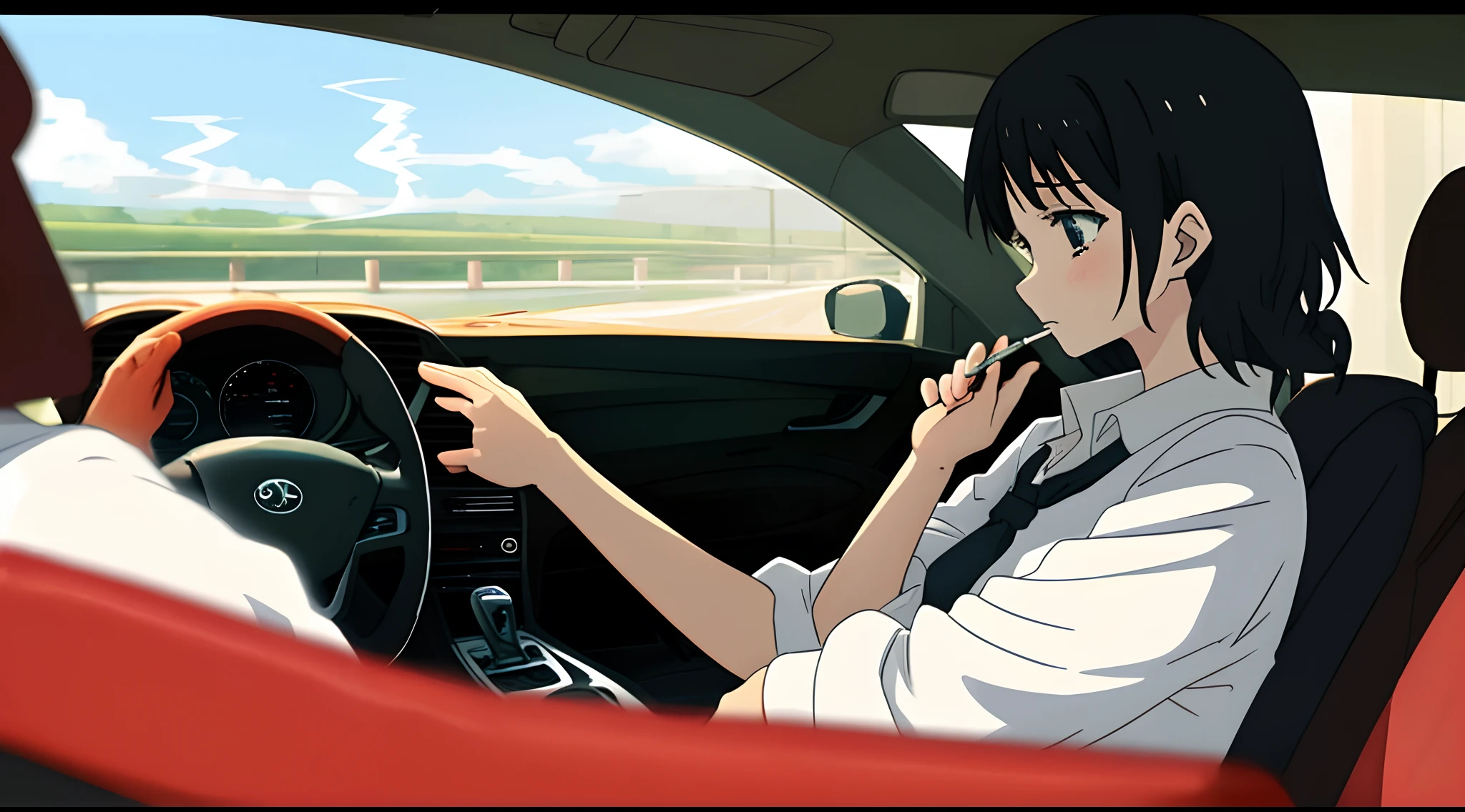 a sad girl smoking and driving a car, anime style