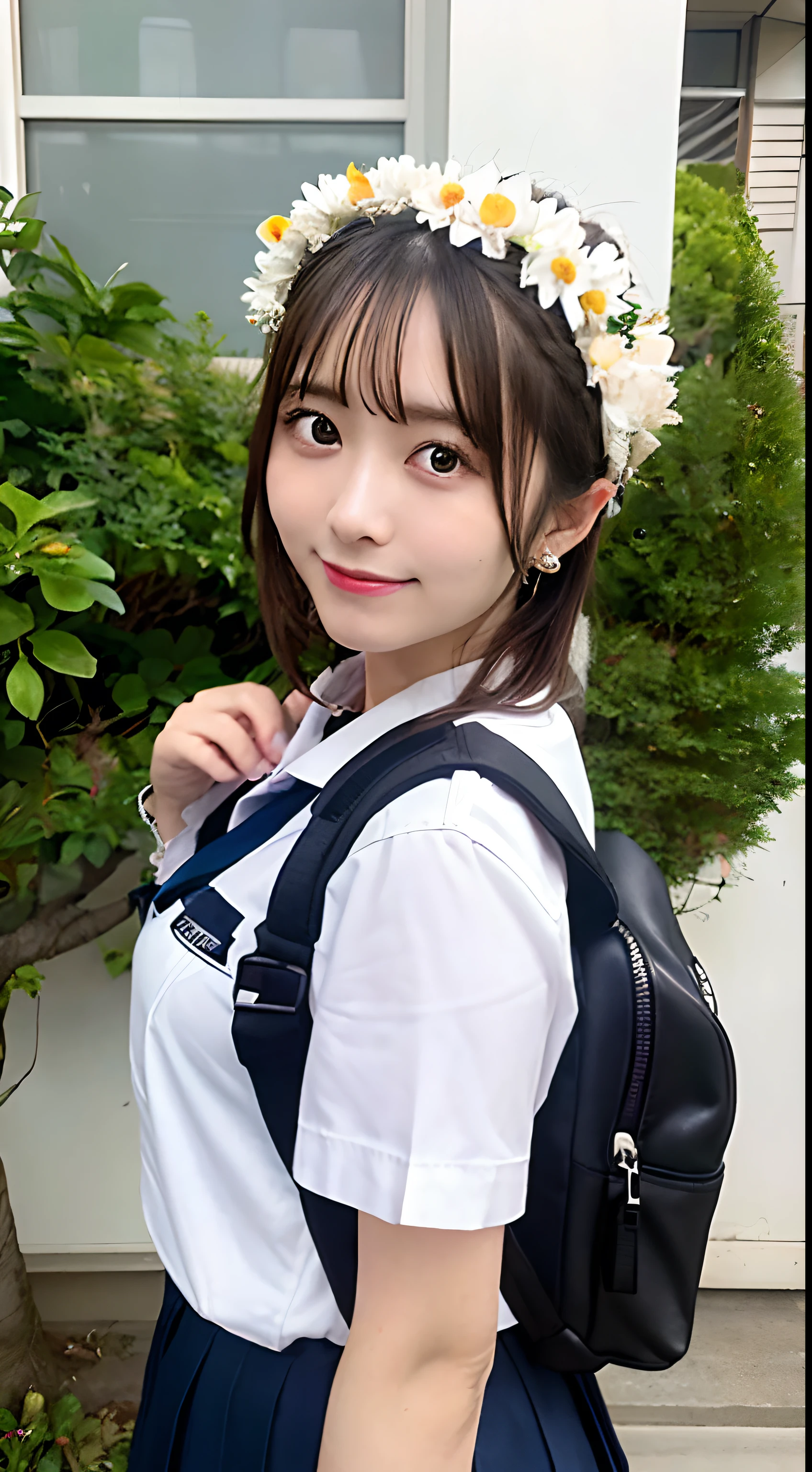 uiharu_kazari、(8K、Raw photography、top-quality、​masterpiece:1.2)、
1girl in, bags, sakugawa_School_uniform, School_uniform, serafuku, 独奏, School_Bag, Holding_Strap, jaggy_Line, A smile, Shoulder_Bag, rucksack, (hair adornments:1.4)