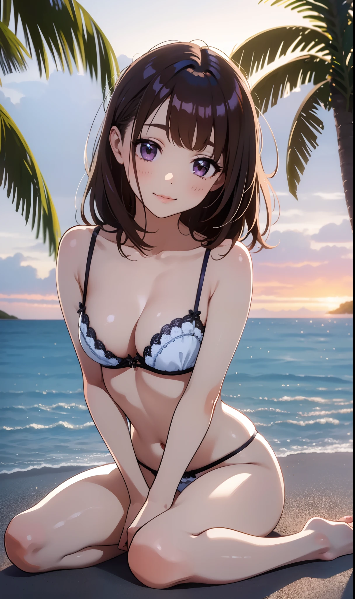 nsfw,perfect anatomy,raw,8k,high resolution,super detailed skin,beautiful detailed eyes,high detailed,1girl,Solo,Yuki_madoka,Purple eyes,Brown hair,(medium fluffy hair),slender body,white bra,white panties,Flat painting,(medium breasts),barefoot,Smile,kneeling,on_all_fours,girlfriend,private Beach with beautiful background,Blue Hour,blue tone,summer vacation,Looking at Viewer,side viewer,faint lips,sunset,backlight,tree,travel,in okinawa,(wide_viewer)