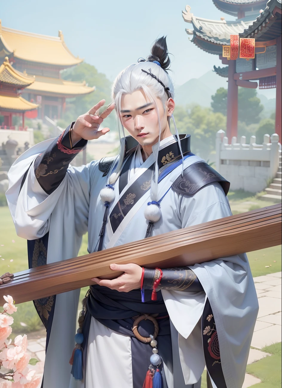 Ji kang, Chinese man, cabelos longos e brancos, olhos azuis, jovens rosto jovial, usa roupas chinesas tradicionais, hanfu, He carries a citara in his hands