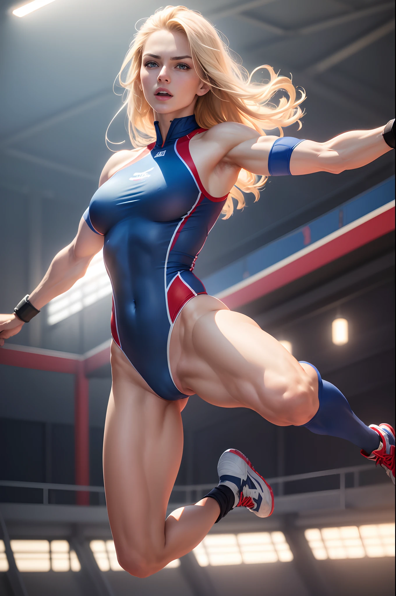 (8K,Photorealsitic　Raw photography　top-quality;1.4) 　(1 mature female)　Super beauty　(Lifelike face)　Muscular and macho female body　(a blond)　Athlete jumping backwards in high jump　enticing　Beautiful expression　Jumping power and dynamism　Red and blue uniforms　超A high resolution　A hyper-realistic　real looking skin　high detal　athletic field　High jump