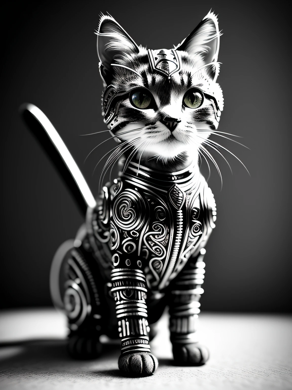 a cute black and white kitten made out of metal, (cyborg:1.1), ([tail | detailed wire]:1.3), (intricate details), hdr, (intricate details, hyperdetailed:1.2), cinematic shot, vignette, centered