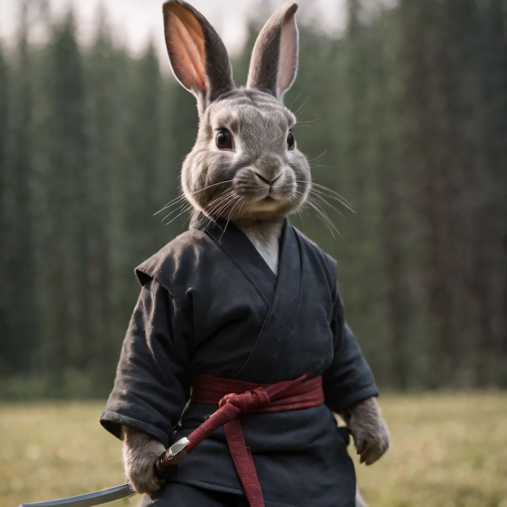 Rabbit dressed as a ninja. And he carries a sword. .Seen . 8k . full portrait . The appearance of the rabbit completely