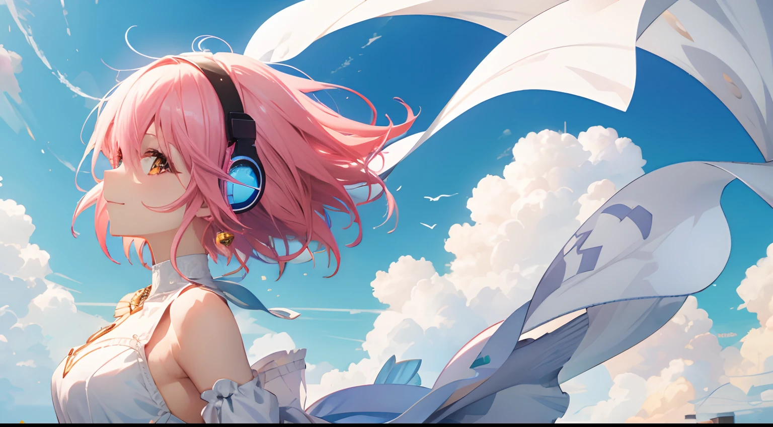 High quality, Very detailed, Clear Image, Profile anime girl, having short pink hair, Hair in the wind, Golden Eyes, Smiling,shiny earrings, White Dress, close to the body, Blue sky, With moving clouds、Wearing headphones
