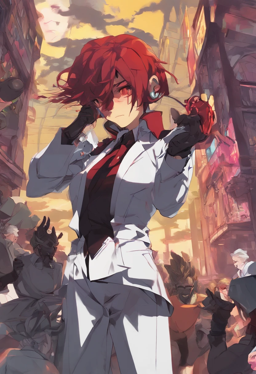 Personagem do jogo O Rei dos Lutadores, Iori Yagami. Um homem vestindo roupas pretas e brancas rasgadas, red hair, short hair, Cabelos lisos,, cabelo com franja na frente dos olhos, ((Magia do Fogo Roxo)), Looking at the Viewer, (((pose with interaction and support each other [carro preto no fundo|em um objeto em segundo plano]))), laboratory background, com experimentos, machines, Windows, ((corpo inteiro):1.5) , 16k, UHD, best possible quality, ultra detalhado, best possible resolution, Motor Unreal 5, fotografia profissional, Dedos bem detalhados, Very detailed hand, perfeito_Hands, perfeito, GoodHands-beta2, Furtastic_Detailer, ((O Rei dos Combatentes) )