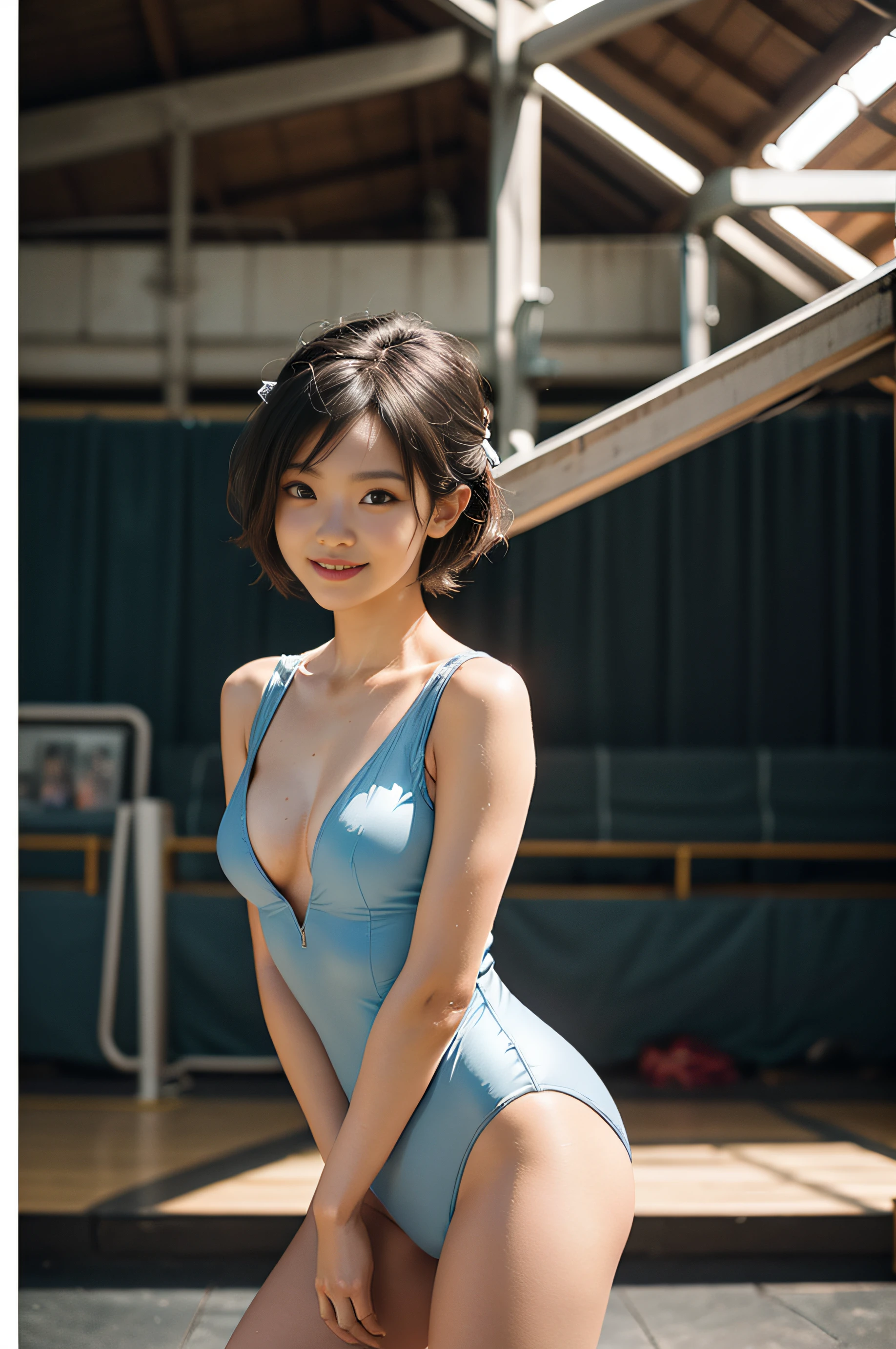 Top image quality、超A high resolution、masutepiece、Photoquality(photographrealistic:1.8)、pores、accuracy、Japan women、17 age、Girl Smile、A dark-haired、Cute dimples、Non-makeup、short cut hair、Fasten hair with hairpins、bobby pin、Boyish girl、Slender girl、Small breasts like a child、tiny chest、 small tits、Flat-breasted 、Vast university gymnasium、high ceilings、Light from the ceiling、Rhythmic gymnast、bow ribbon、Indoor gymnastics arena、Sequin leotard、High leg cut、Nipple sheer、 Protruding、camel's toe、Spread your arms、The Birth of Venus、laugh face、Have a good laugh、Facing the front、Naughty Angel、