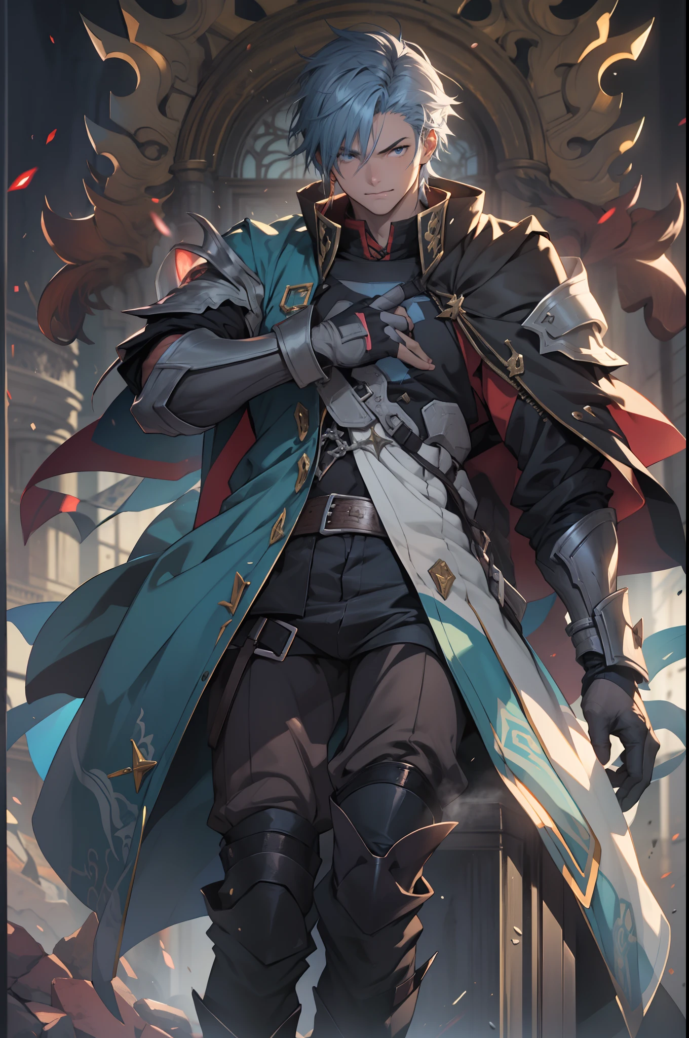 (absurdos, Altas Resoluciones, Ultra detallado, HDR), Obra maestra, La mejor calidad, final fantasy xvi, clive rosfield, 1hombre solamente, guapo, pelo corto, cabello negro, Ojos azules vibrantes, ojos finos y cara detalladas, Armadura, ((Arma intrincada)), Sentado en el trono, piernas abiertas, sonrisa afectada, molesto. Final Fantasy, clive rosfield,, abs, badass pose, Chico de anime en una cama con las manos en la cabeza, Hermosa pose de anime, Anime hombre guapo, Personaje masculino de anime, Badass Anime 8K, Arte detallado del personaje de anime, Concepto de anime HDR Anime MacManus, Chico anime, Ikuto Yamashita, Anime CG arte suave, Fondo de pantalla de manga 4 k, inspirado por Yamagata Hiro, Wallaper de anime