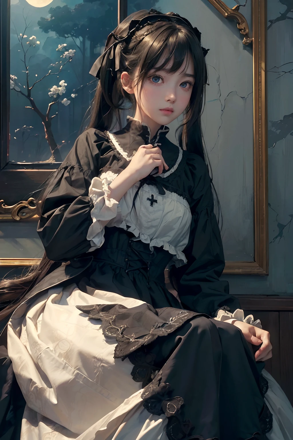 (A hyper-realistic)、(illustratio)、(hight resolution)、(8K)、(ighly detailed)、(Best Illustration)、(beautifully detailed eyes)、(top-quality)、(ultra-detailliert)、(masterpiece)、(wall-paper)、(A detailed face)、独奏、1 girl in、Classic Gothic ta、tilting your head、Hands on the side of the face、looking at viewert、full body Esbian、skyporn、fine detailed、A detailed face、in the darkness nigth、deep-shadows、lowkey、pureerosfaceace_v1、troubled look、Black twin tail hair、46-point diagonal bangs