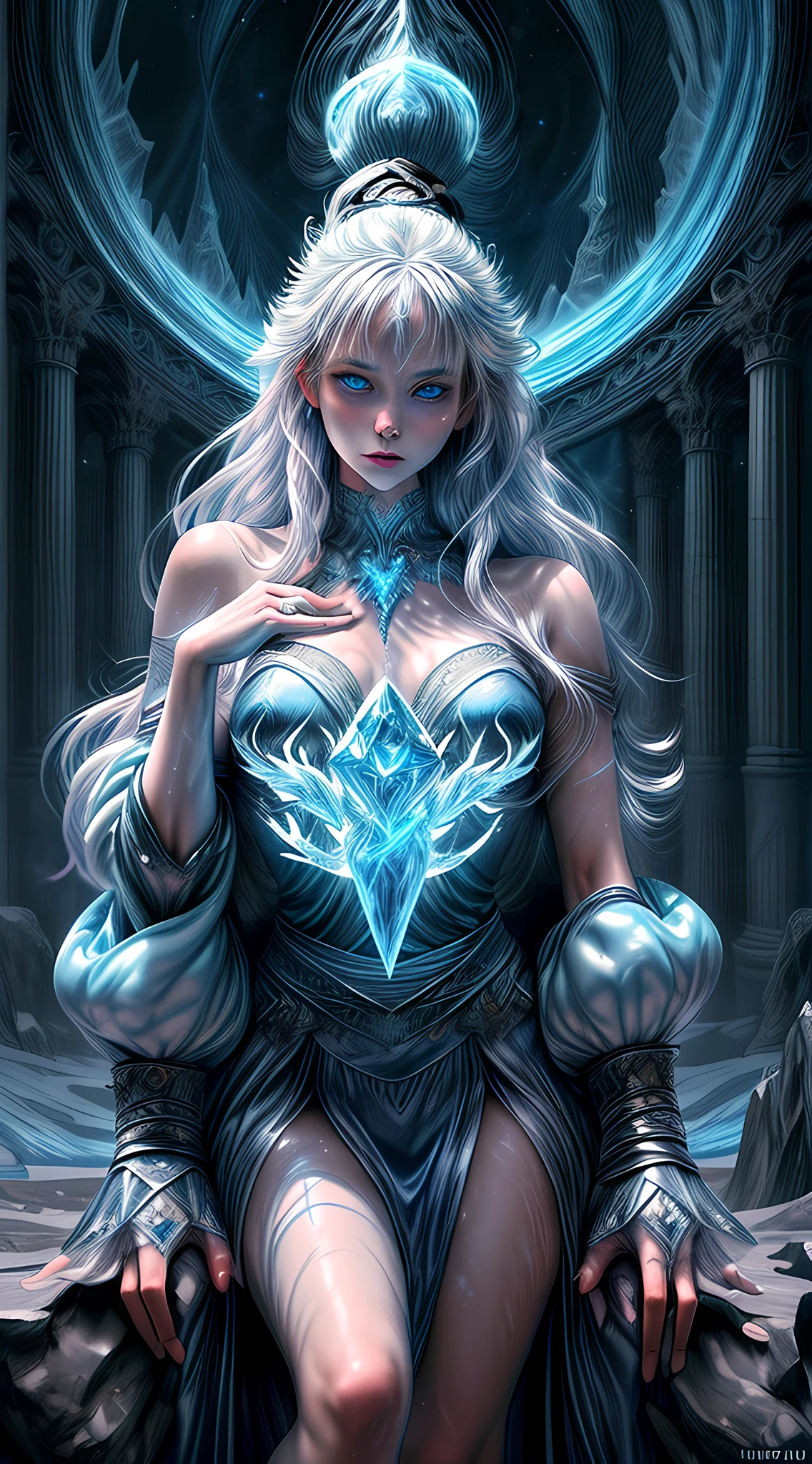high details, best quality, 8k, [ultra detailed], masterpiece, best quality, (extremely detailed), dynamic angle, ultra wide shot, photorealistic, fantasy art, dnd art, rpg art, realistic art, an ultra wide picture of a female human (1.5 intricate details, Masterpiece, best quality) godess of ice  ((icy magical aura)), controlling a swirling icy blue magic (1.5 intense details, Masterpiece, best quality), manipulating [[magical ice magical symbols]] (1.5 intricate details, Masterpiece, best quality), human female, silver  hair, long hair with icy aura, hair with freezing  touch, cold eyes, intense eyes, ((icy eyes)), ((glowing blue eyes)), dynamic clothing, fantasy snowy mountain  background (1.5 intricate details, Masterpiece, best quality), ((divine worship atmosphere)), high details, best quality, highres, ultra wide angle