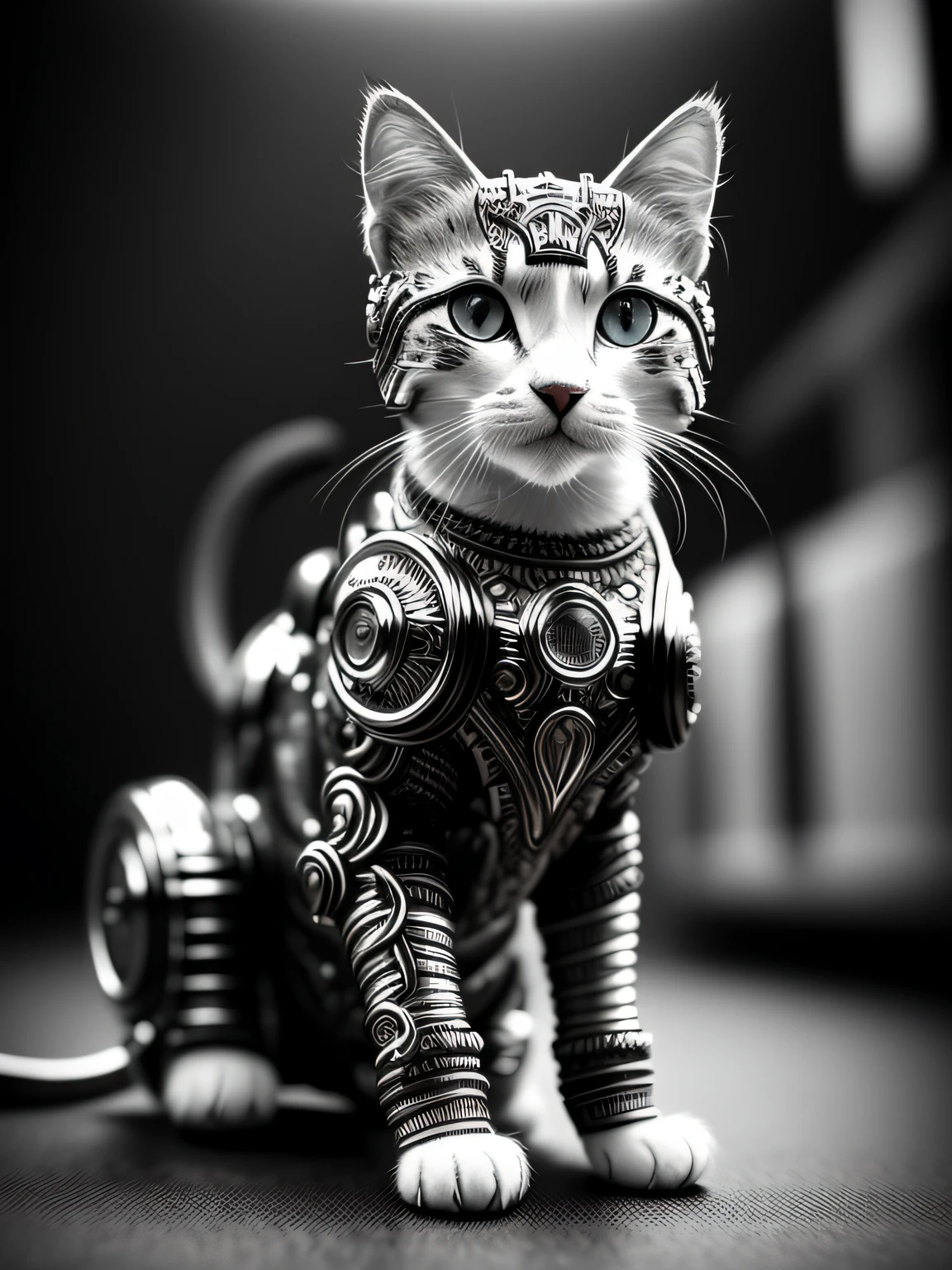 a cute black and white kitten made out of metal, (cyborg:1.1), ([tail | detailed wire]:1.3), (intricate details), hdr, (intricate details, hyperdetailed:1.2), cinematic shot, vignette, centered