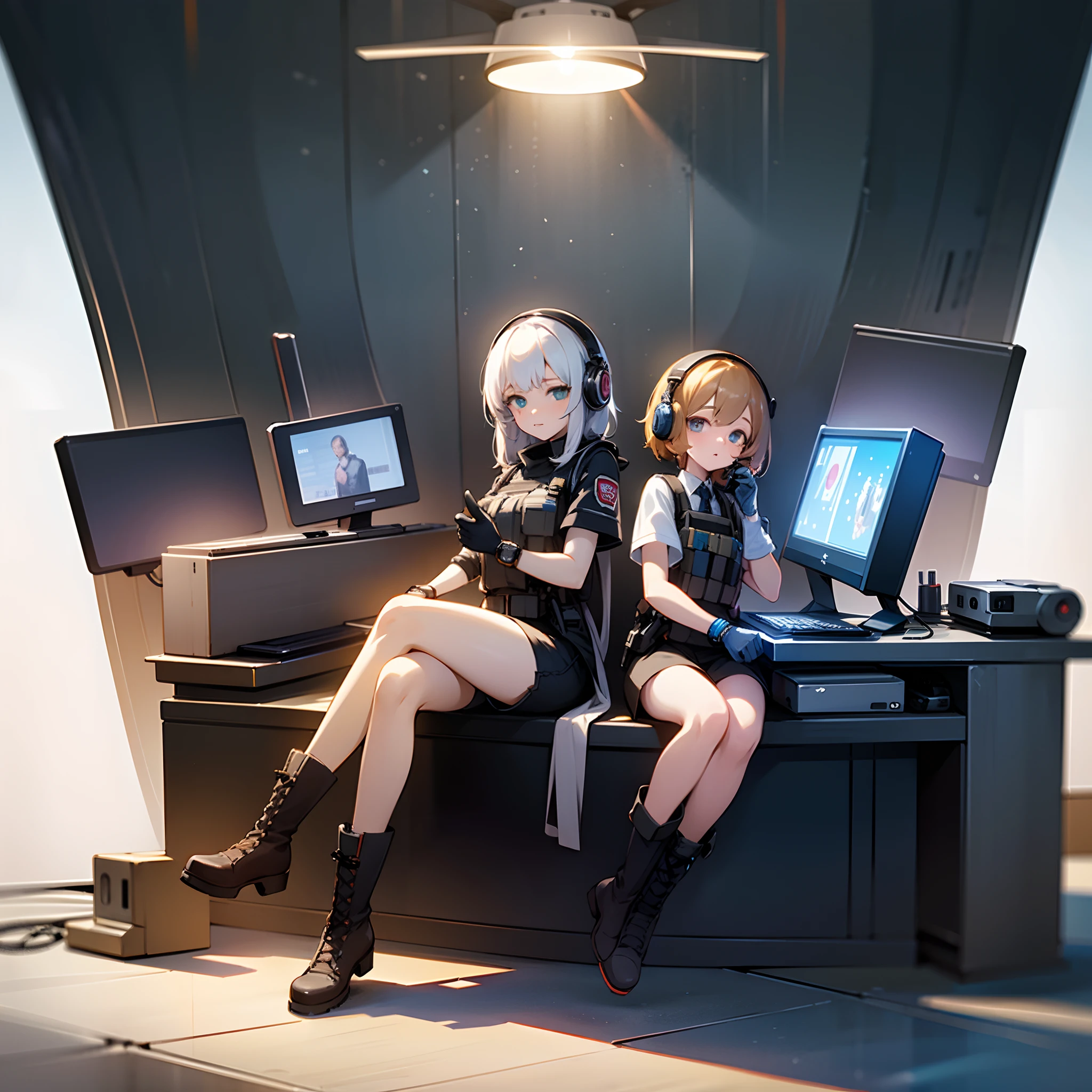((High Quality)), (Masterpiece), 8K, 2 Girls, Bulletproof Vest, Rays, Very Elaborate CG Unity 8K Wallpaper, Game CG, Watch Viewer, Gloves, Boots, Full Body, Watch, Computer, Mask, Drone, Weapon Holder, Headphones,