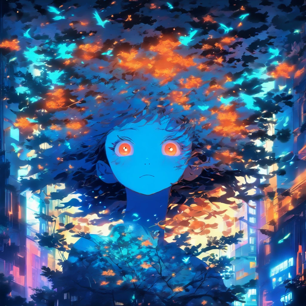 a colorful digital artwork of a woman's head and branches, in the style of haunting houses, graceful surrealism, depictions of urban life, dark sky-blue and orange, portraitures with hidden meanings, caricature-like illustrations, metropolis meets nature