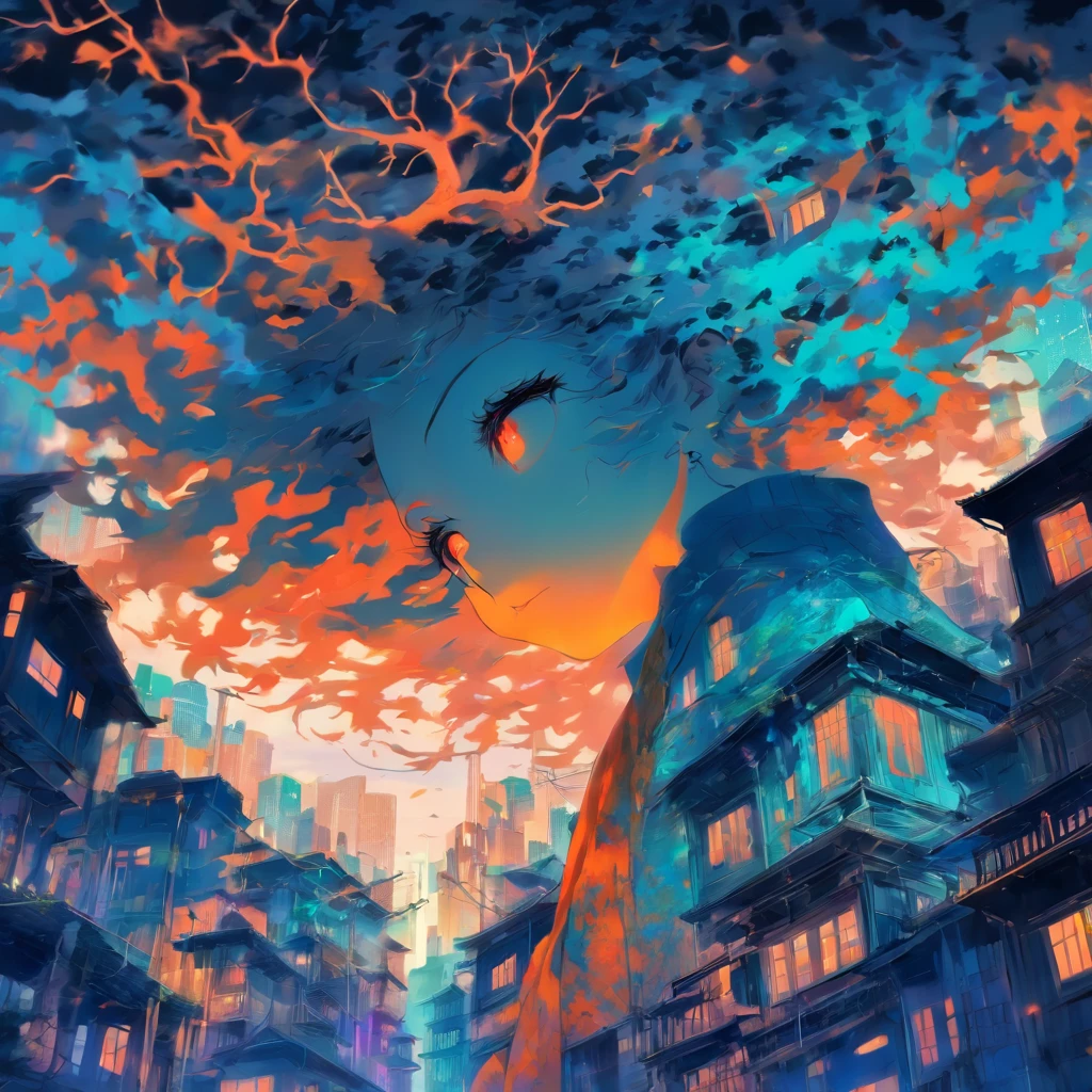 a colorful digital artwork of a woman's head and branches, in the style of haunting houses, graceful surrealism, depictions of urban life, dark sky-blue and orange, portraitures with hidden meanings, caricature-like illustrations, metropolis meets nature