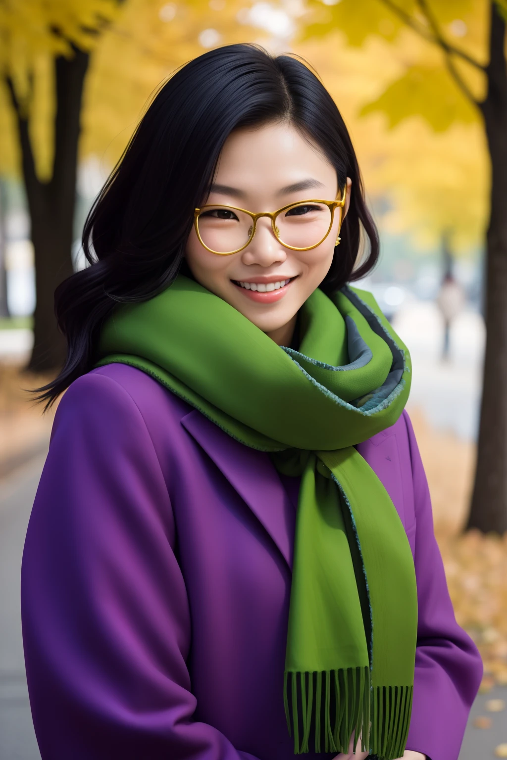 closeup masterpiece of a perfect Asian face, good iris, perfect sight, alluring attractive beauty, best quality, she is smiling cheeky at the camera, modern Hiphop NewYork fashion style, amazingly beautiful face, the most expensive prada luxury texture clothing, striking and lustful, good hands, a young slavicKorean woman with glasses and a scarf on, Chinese eyes, gorgeous face, wearing a purple coat and green scarf, standing at the park