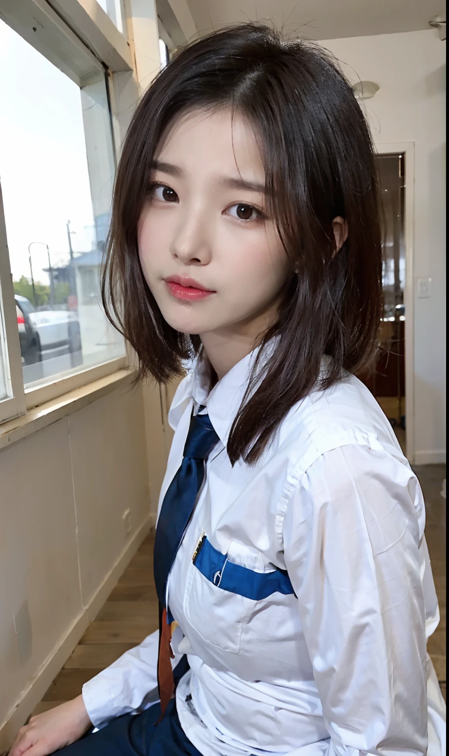 (8K, top quality, masterpiece: 1.2), (realistic, photorealistic: 1.2), sitting, solo, beautiful definition sky, night, wet, watching the viewer, (sit: 1.5), dating, future, (nose brush), smile, big breasts, fine beautiful eyes,), (dark blonde: 1), (short hair :1.1) Skirt, School uniform, White panties, Socks, Black hair, Shirt, Blurred, Blurred background, Knee-high, White shirt, Loafers, Realistic, Long hair, Lips, Brown eyes, Black socks, Tie, Pleated skirt, Bow, Headrest, Sideways, Outdoors, Brown footwear, Masterpiece, Best quality, Ultra detailed, (nsfw:1.5)