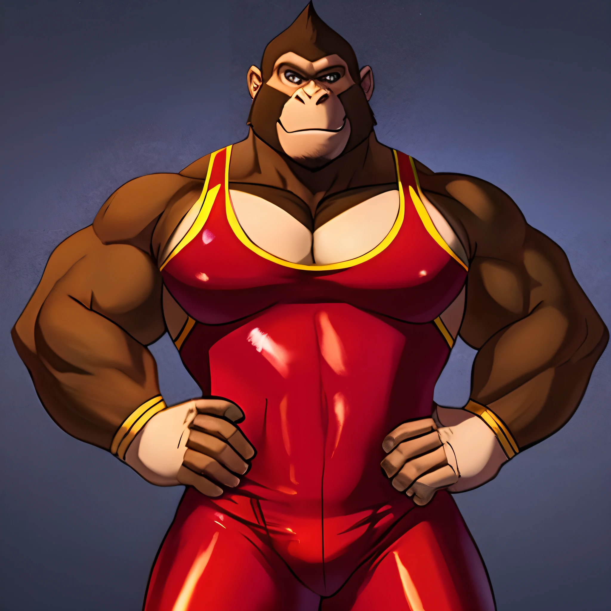 1gorilla、Wearing a red wrestling uniform、((Background color:amarelo))、Character Logo、A grin、