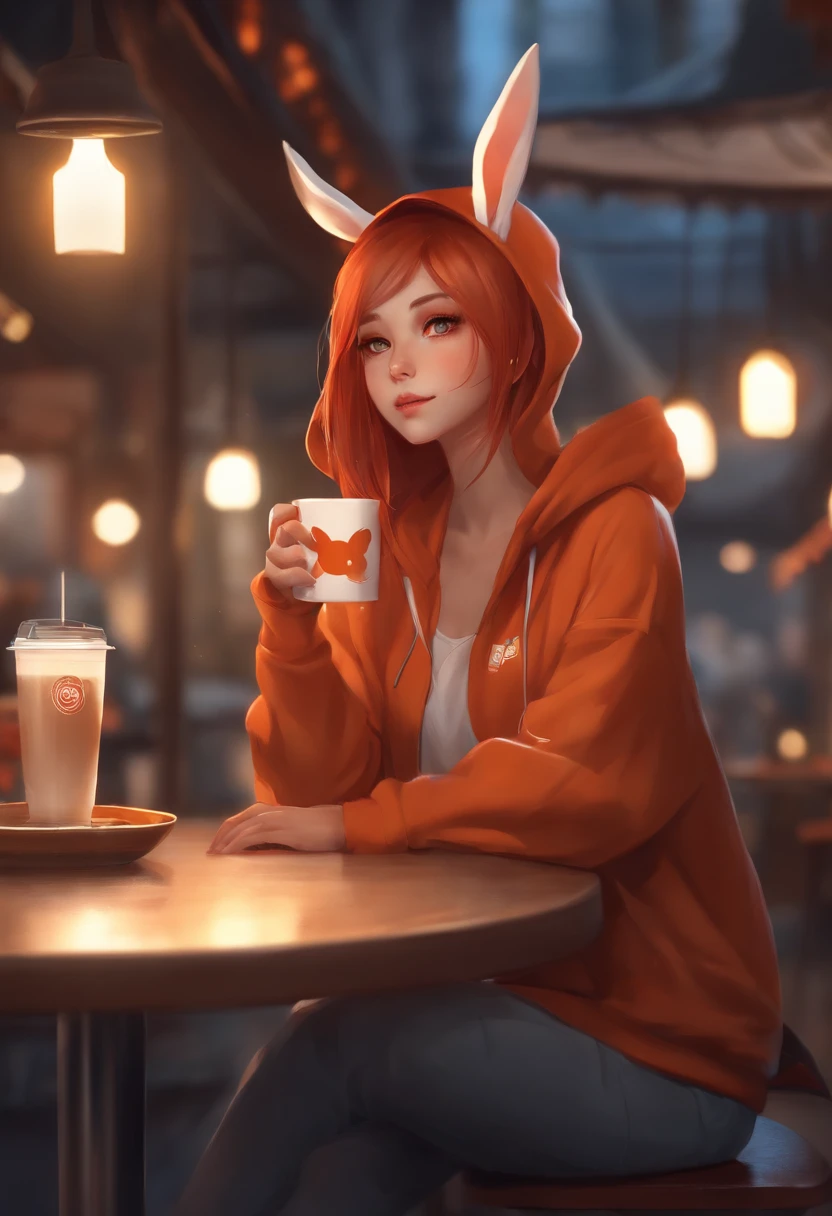 Beautiful girl with red straight hair and red eyes, Long rabbit ears, Thumbs up, Sitting in a coffee shop, during night, She wears an orange hoodie, Nostalgic and melancholic atmosphere, Mug on the table, Detailed Digital Anime Art, loish and wlop, Cute Anime Art, Adorable anime girl, digital anime illustration, inspired by WLOP, Art Station Top, super detailed fantasy characters, 3D Anime Style, high quality render