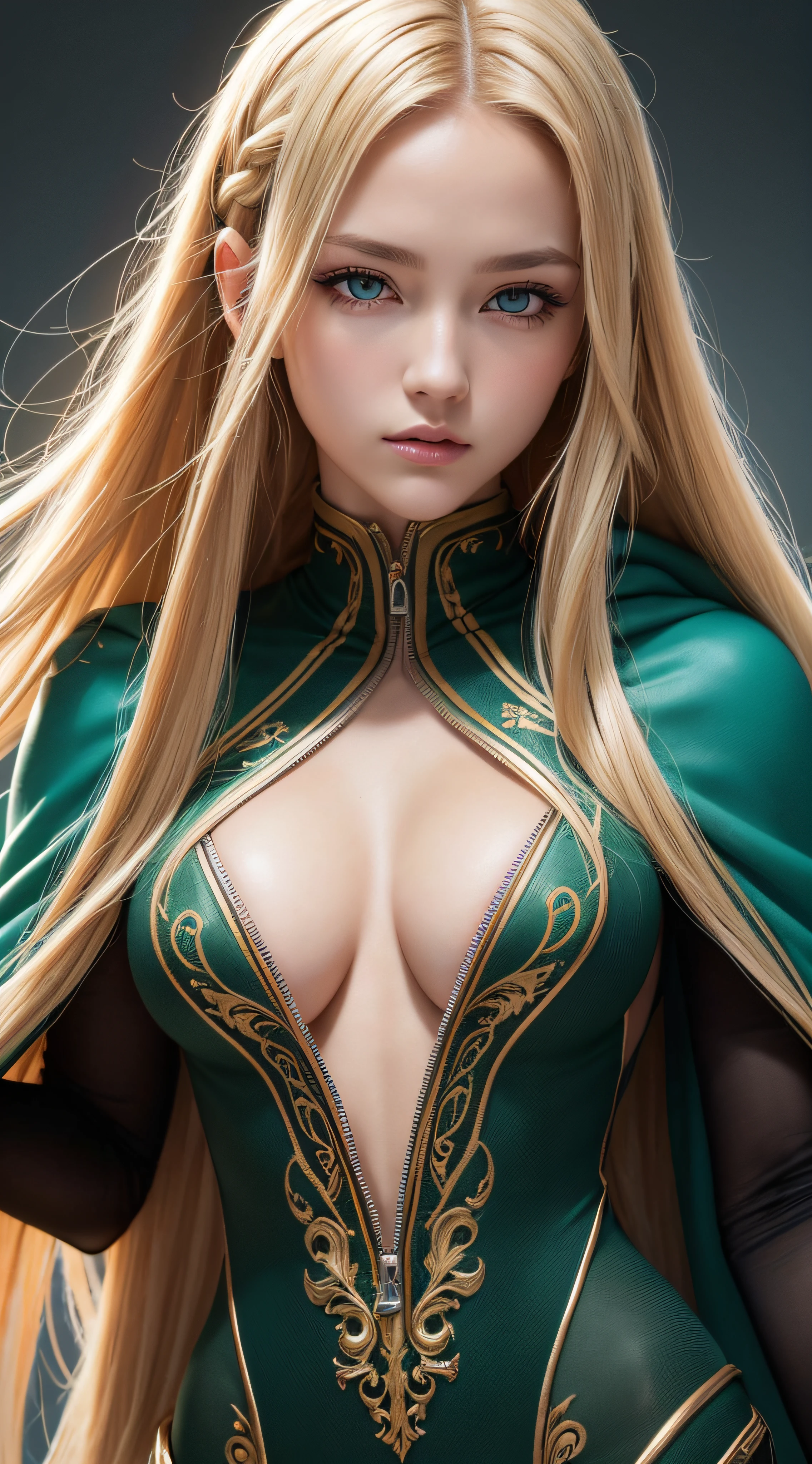 Unbeatable masterpiece, Ultra photo realsisim, Perfect artwork, Intricate details, Best quality, Strong light, High contrast, steampunk green Speerise High Neck Zip One Piece Unitard Full Body(Masterpiece) , (Best quality) , (extremely detailed wallpaper CG unity 8k) , (best character detail:1.36), marshes, (delicated lines:1.24), (fantasy), (Cold light:1.2) , blue cape, Color splattering , Colorful, colorful background, detailed eyes, cold eyes, sharp hunter eyes, detailed eyeshadows, yellow hazel eyes, Simple background, multi-braided blonde hair, 1girl, matured girl, (long hair:1.2), high high quality
