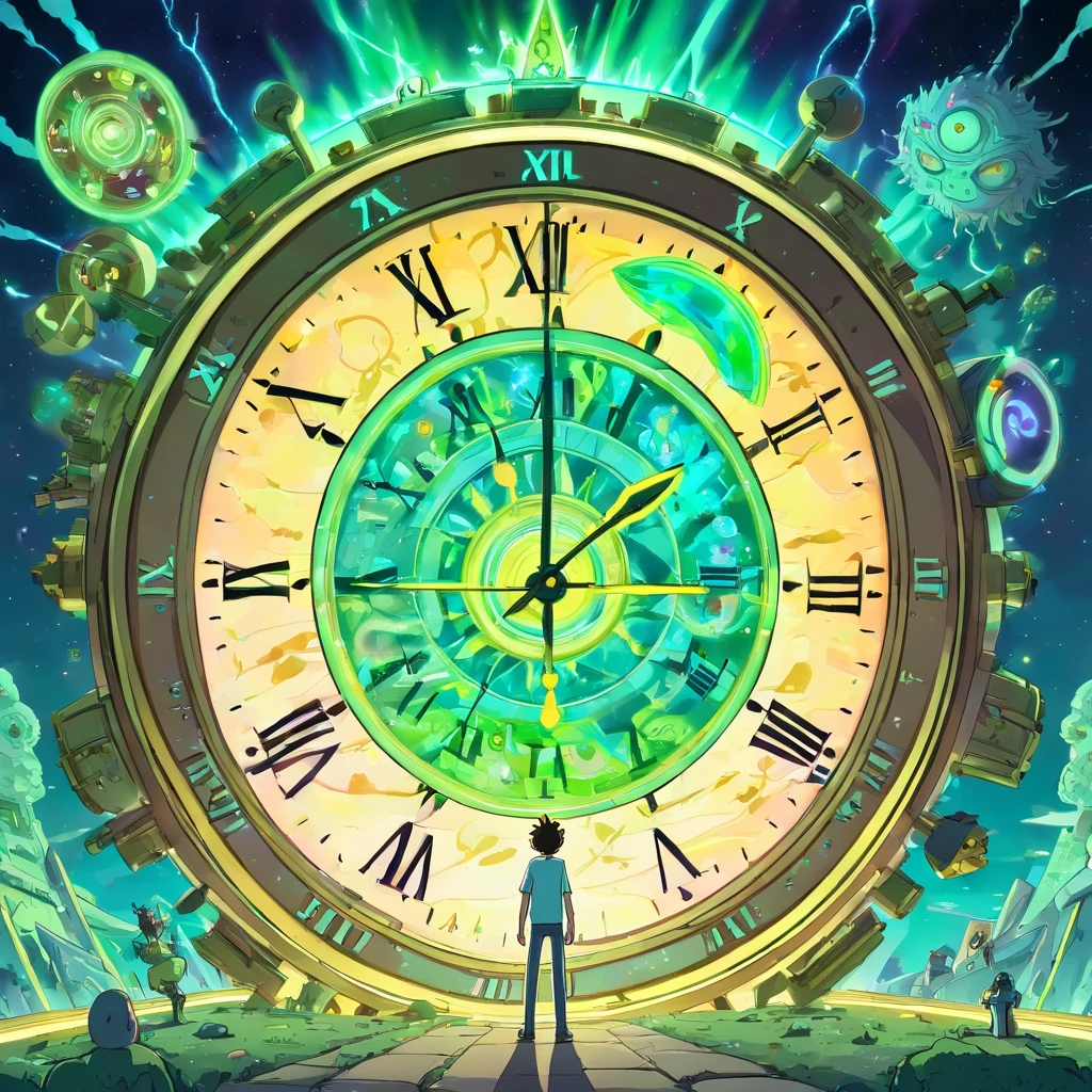 title: "Chronological chaos"

Sinopse: In the episode "Chronological chaos" de Rick and Morty, a crazy new invention by Rick accidentally messes up the entire time continuum, leading to a chaotic collision of different timelines. The narrative begins when Rick, em uma tentativa de aprimorar seu controle sobre as viagens no tempo, cria um "Cronomix Watch" which promises to synchronize all temporal dimensions in a single line.

No entanto, something goes wrong during an experiment and the Cronomix Clock explodes, creating a time wave that distorts and mixes countless versions of Rick and Morty from various realities. A partir desse momento, different incarnations of Rick and Morty begin to appear in the main timeline, com personalidades e objetivos completamente diversos.

A medida que a trama se desenrola, os Ricks e Mortys de diferentes realidades se encontram e interagem, creating situations both hilarious and tense. Some band together to try to fix the damage done by the Cronomix Clock, while others have agendas of their own, including conquering the multiverse or simply enjoying the confusion.

A linha entre aliados e inimigos se torna turva, since the characters have to face their alternate versions and deal with ethical and moral dilemmas involving the manipulation of time. The action unfolds in chaotic and surreal settings, where reality is constantly reshaping itself as different timelines collide.

Enquanto Rick e Morty lutam para restaurar a ordem temporal, They find themselves confronting not only the consequences of their own actions, but also exploring the complexity of the choices made in multiple realities. The episode addresses deep questions about free will, Identity and the implications of controlling time.

At the climax of the episode, Rick and Morty must find a way to reverse the damage done by the Cronomix Clock and separate the intertwined timelines. No entanto, They learn a valuable lesson