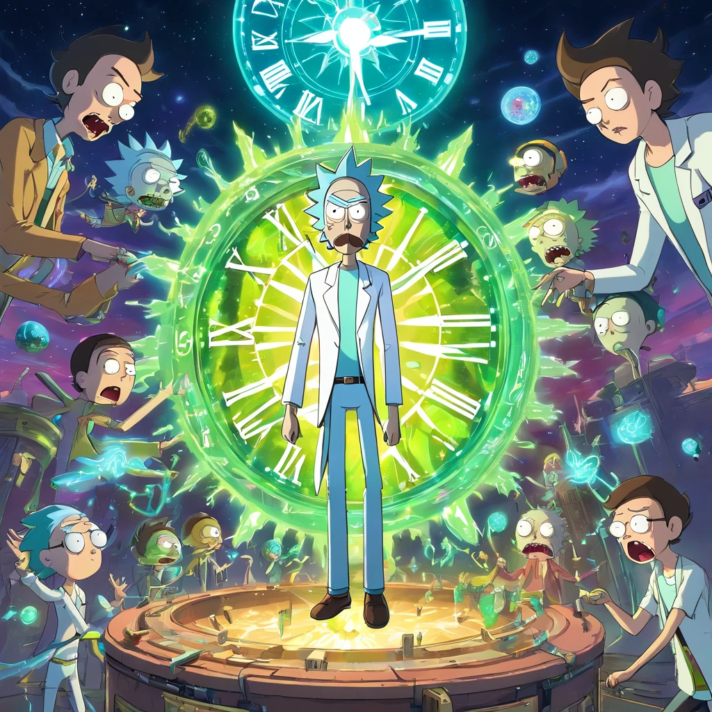 RICK AND mORTY'S, Rick, is watching a fashion show in a world of clockwork people. Cute clockwork woman (age 25, high heels, sexy dress, semi transparent skin showing her gears) show her from head to toe
