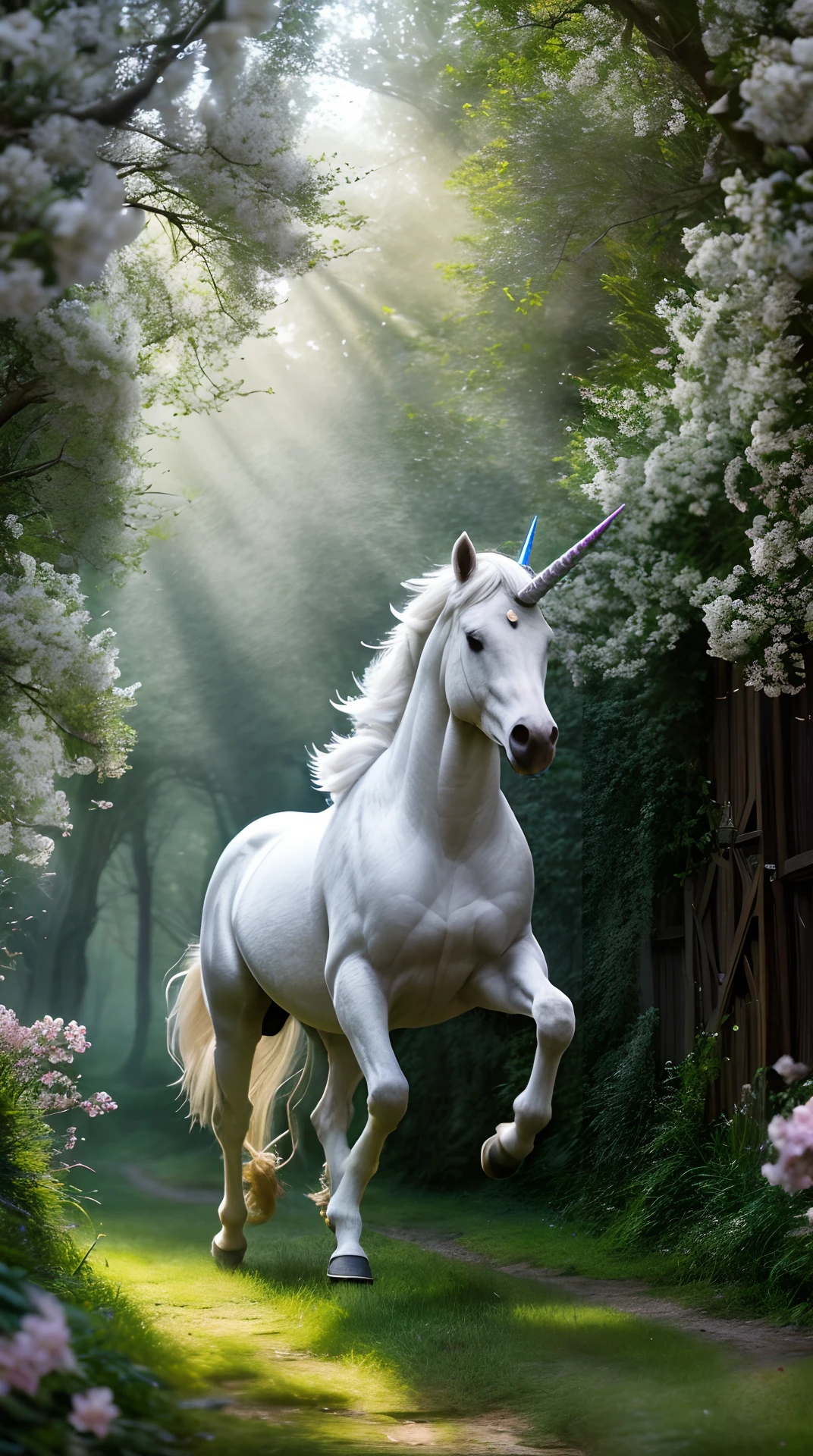 extremely detailed wallpaper, white unicorn run in green forest alley, dynamic pose, spring, morning, beams of light, flowers, (intricate details:1.12), hdr, (intricate details, hyperdetailed:1.15), (cinematic look:1.4), soothing tones, insane details, intricate details, hyperdetailed, low contrast, soft cinematic light, dim colors, exposure blend, hdr, faded, slate gray atmosphere