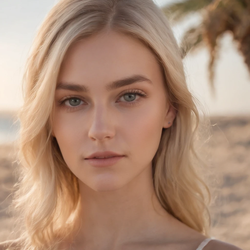 Hyperrealistic selfie-like portrait of a blonde 19-year-old woman, pelo largo, eslava, ojos azules, delgada, altamente bonita, cara ultradetallada, small breasts, luz en la cara, desnuda, con fondo de una playa, dia muy soleado.