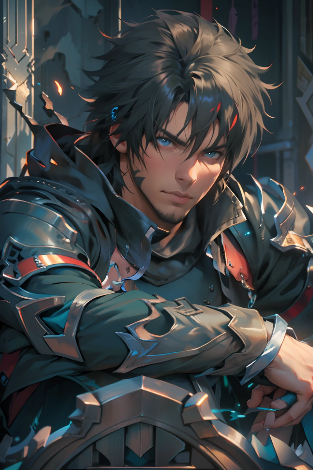 (absurdos, Altas Resoluciones, Ultra detallado, HDR), Obra maestra, La mejor calidad, final fantasy xvi, clive rosfield, 1hombre solamente, guapo, pelo corto, cabello negro, Ojos azules vibrantes, ojos finos y cara detalladas, Armadura, ((Arma intrincada)), Sentado en el trono, piernas abiertas, sonrisa afectada, molesto. Final Fantasy, clive rosfield,, abs, badass pose, Chico de anime en una cama con las manos en la cabeza, Hermosa pose de anime, Anime hombre guapo, Personaje masculino de anime, Badass Anime 8K, Arte detallado del personaje de anime, Concepto de anime HDR Anime MacManus, Chico anime, Ikuto Yamashita, Anime CG arte suave, Fondo de pantalla de manga 4 k, inspirado por Yamagata Hiro, Wallaper de anime