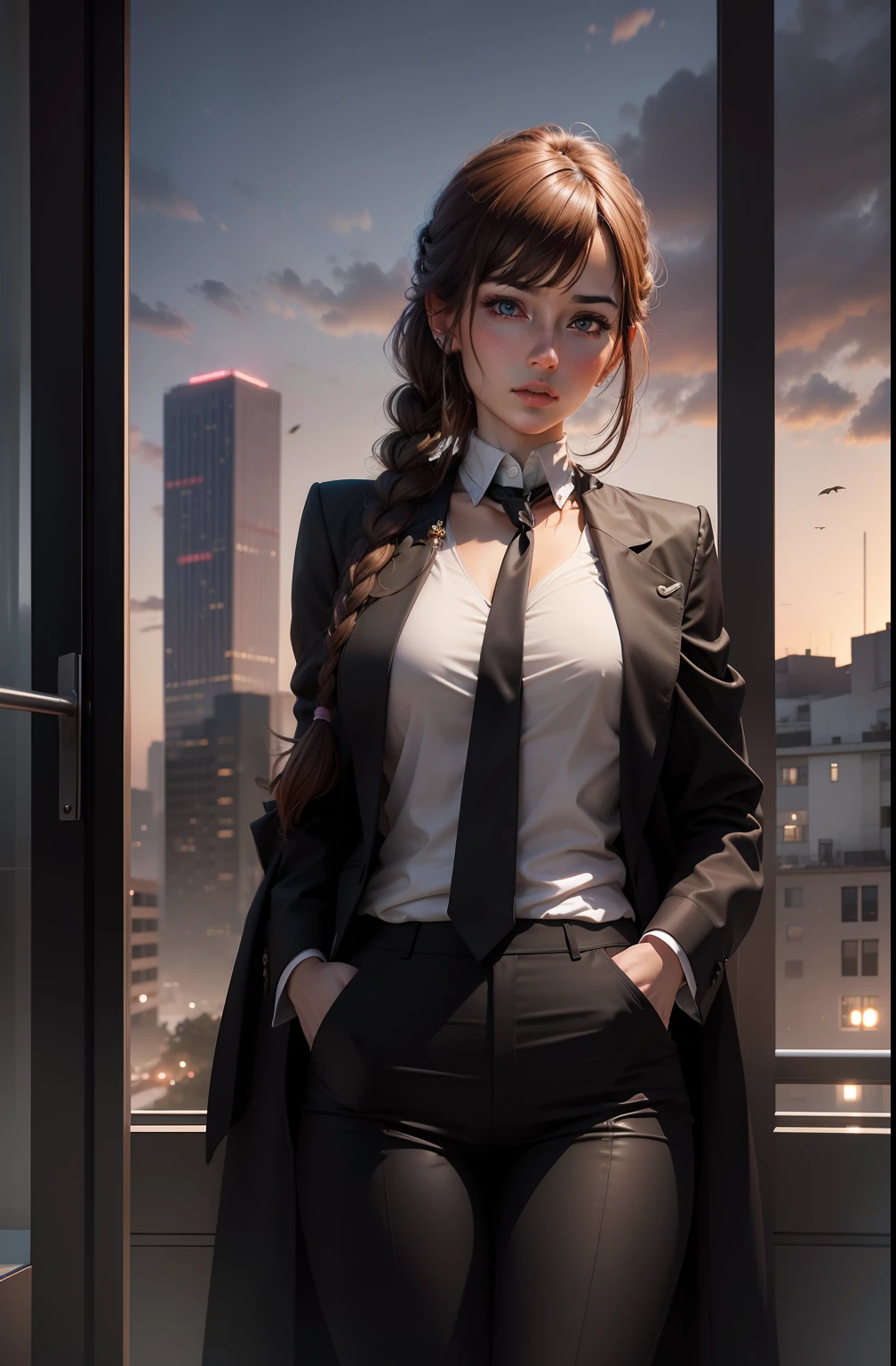 3/4 shot of a beautiful thin petite Caucasian woman in flight attendant suit and dark color pantyhose, standing, spreading, skyline in the background out of focus, outside, detailed face, thick jawlines, big eyes, skin details, intricate details, muted colors, cinematic, grain, sharp focus, best quality, masterpiece