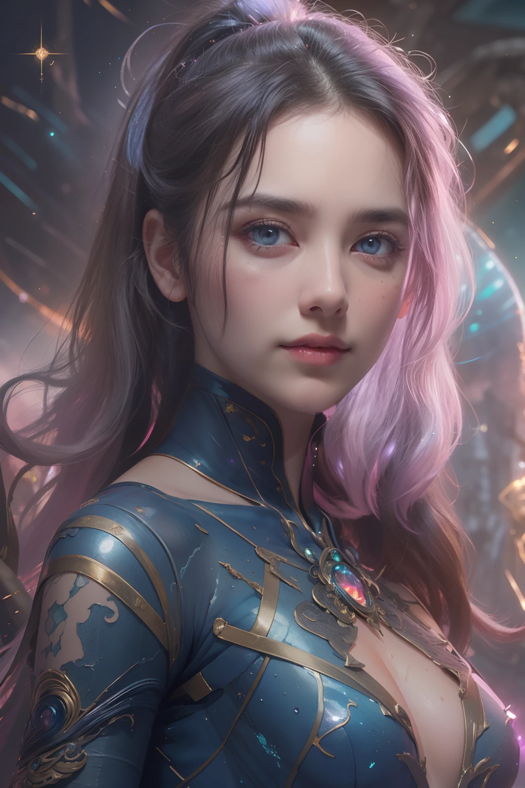 From Side, Photorealistic, Official art, Unity 8k wallpapr, 8K Portrait, Best Quality, Very high resolution, (Incredibly beautiful nature background:1.6), One girl, One beautiful teenage italian girl, sixteen years old, , ( and glamorous:1.1), (A coquettish expression:1.6), (small  with raised pink ,:1.6), Vulgarity, (seductively smiling:1.2), (full body1.0), ( posing:1.5), (Magic Attack Pose:1.6),(magical effects like sparkles or energy:1.5), (Electric shock from hands:1.1), (Detailed blue  with beautiful fractal or marble design:1.5), (Beautiful and d delicate ruby, topaz, emerald and sapphire jewelry:1.45),  Beautiful  face, Portrait, (Thick eyebrows:1.2), (Big purple eyes:1.2), Beautiful eyes with fine symmetry, (Ultra detailed eyes:1.4), (High resolution eyes:1.1), Intimate face, (ultra detailed skin texture:1.4), White skin, pale skin, Perfect , Thin, (Beautiful toned body:1.1), Hair Bow, (Moist skin:1.1), full of sweat, No makeup, dark circles, Good , Focus Face, goodlooking, (Emilia Clark:0.6)  (Emma watson:0.3),(Jennifer Connelly:0.4), (sensual face:1.5), Elegant face, Nice, Dolce, Cyberpunk Sci-Fi, (Gauntlets with intricate and beautiful designs:1.2), Blurred background, Blurred foreground, depth of fields, (Motion Blur:1.1), Complex and colorful biomechanical , Zentangle, mandalas, Entangled,  (Small :1.2), Sheer , (Beautiful :1.2), (:1.2), large , drivel,  Juice stain, grabbing on 