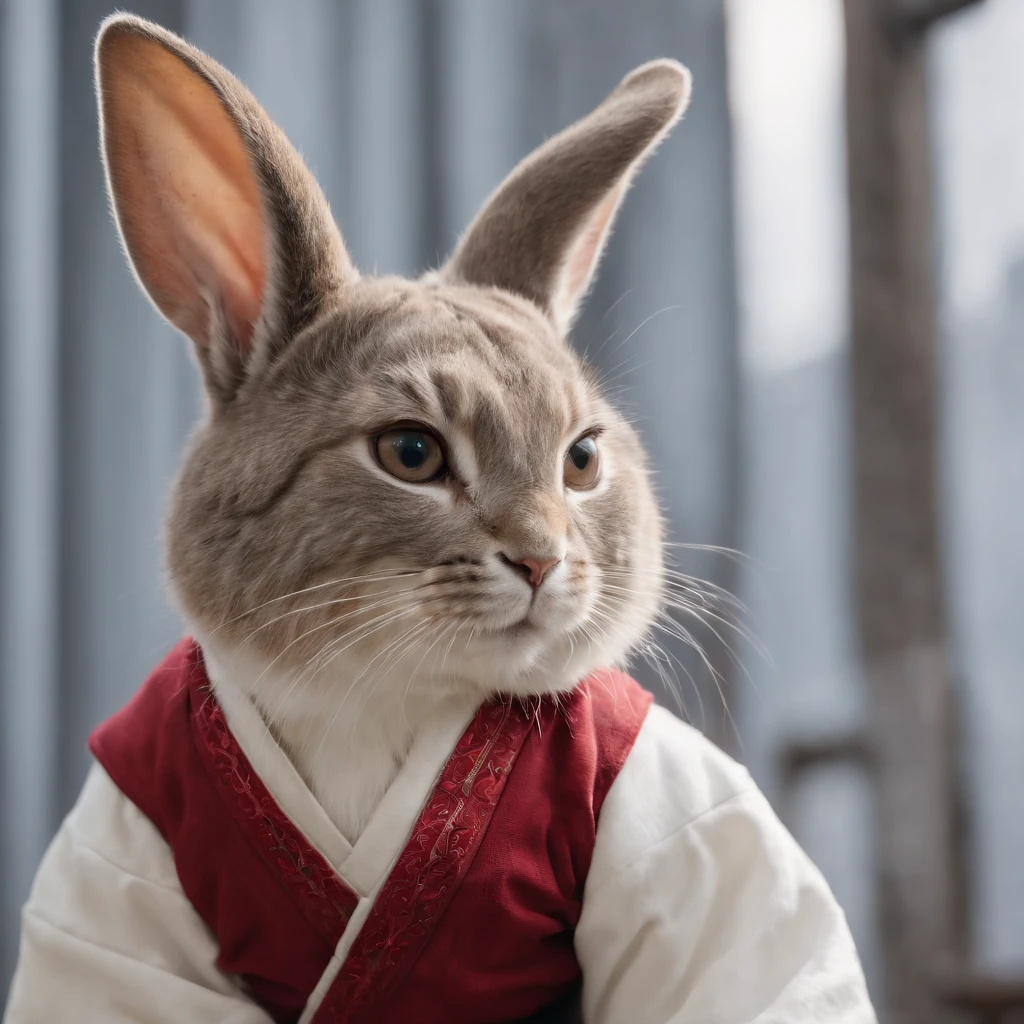 Rabbit dressed as a ninja. And he carries a sword. .Seen . 8k . full portrait . The appearance of the rabbit completely. And standing next to him is a cat wearing samurai clothes .And carry a sword. . 8k . Full picture detail .Full picture of the cat