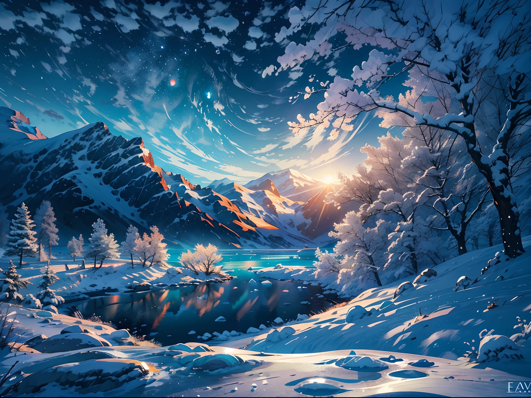 Snowy mountain landscape with a lake and trees in the foreground ...