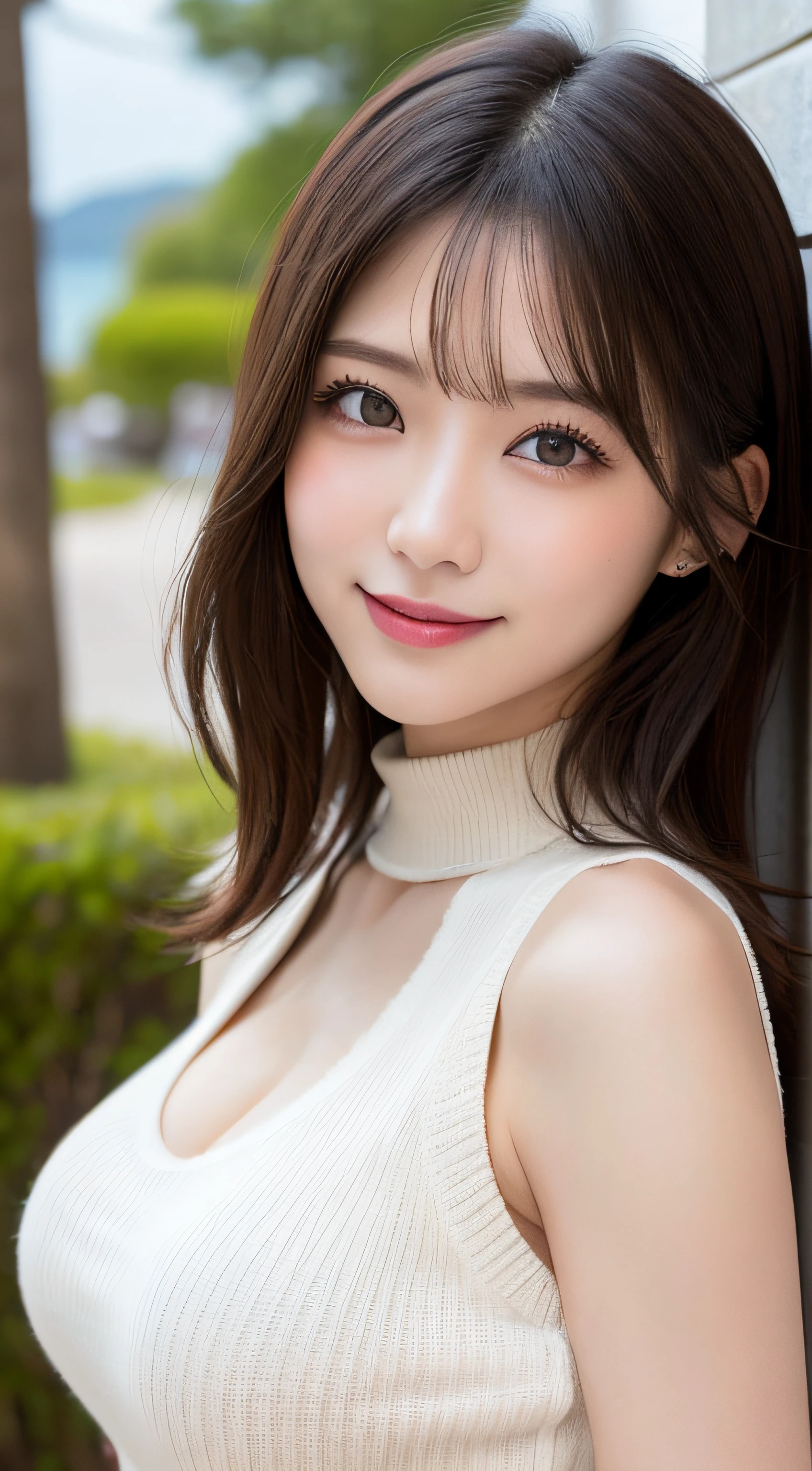 masutepiece, Best Quality, Photorealsitic, finely detail, hight resolution, 8K Wallpapers, Perfect dynamic composition, Beautiful detailed eyes, Medium Hair, large full breasts, Random and sexy poses,Bring your chest together、(Mock neck crop tank top white knitwear with chest wide open so that cleavage is visible)、(Breast bulge 1.2)、A smile、open open mouth、Resort scenery、25-years old、(Drooping eyes 1.4)、Adult beauty、japanes