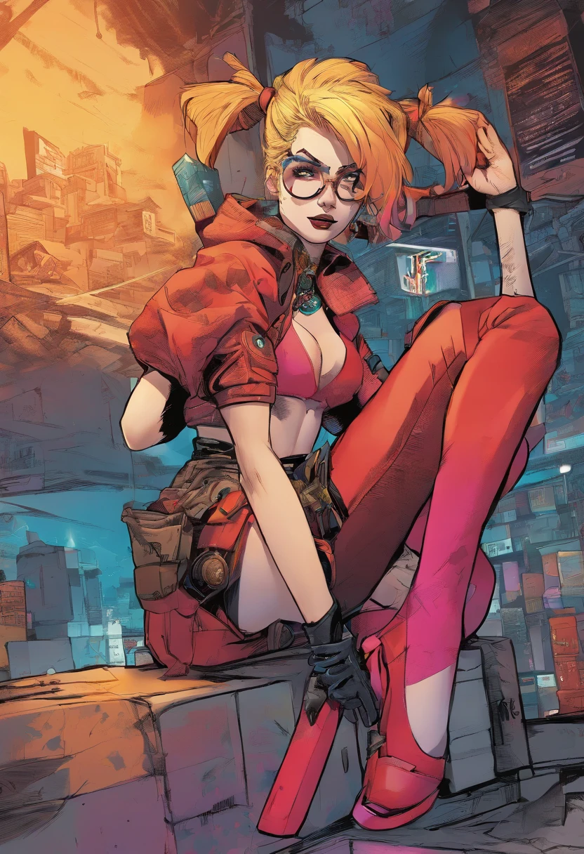 Young Harley Quinn from dc comicYoji Shinkawa Phoenix in the background style with bright gold ,black man with glasses and shaved hair, 16k, UHD, best possible quality, ultra detailed, best possible resolution, Unreal Engine 5, professional photography, perfect, Furtastic_Detailer, ((neon light)), punk rock, tank girl, high detailed, 8k