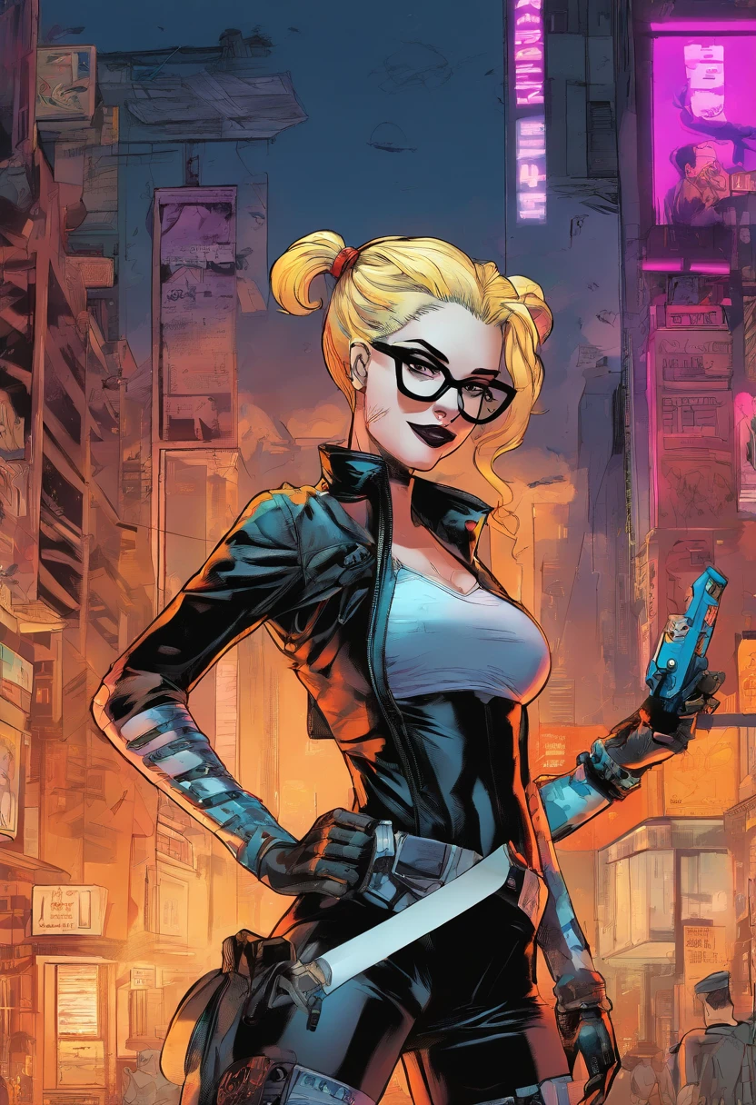 Young Harley Quinn from dc comicYoji Shinkawa Phoenix in the background style with bright gold ,black man with glasses and shaved hair, 16k, UHD, best possible quality, ultra detailed, best possible resolution, Unreal Engine 5, professional photography, perfect, Furtastic_Detailer, ((neon light)), punk rock, tank girl, high detailed, 8k