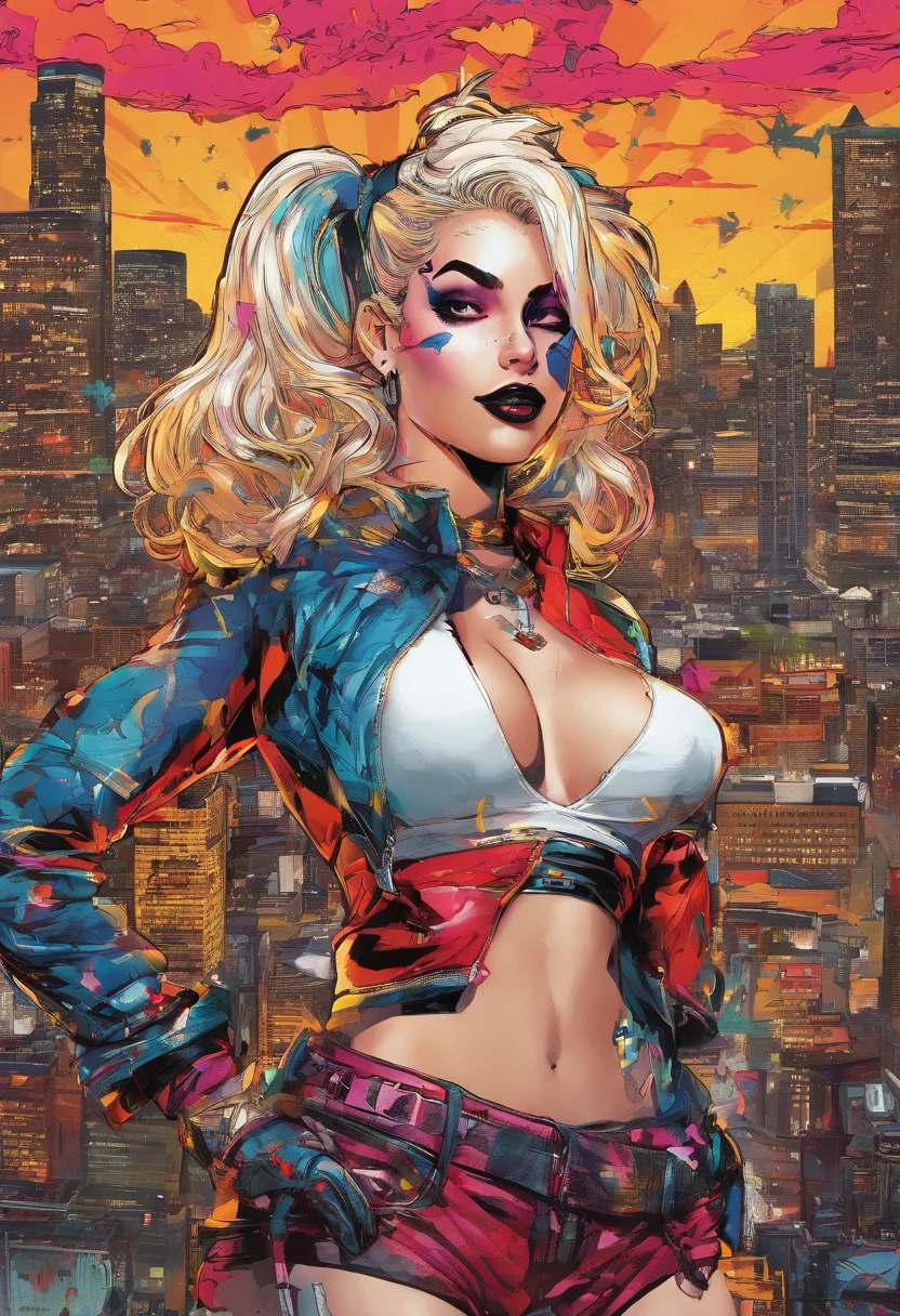 Young Harley Quinn from dc comicYoji Shinkawa Phoenix in the background style with bright gold ,black man with glasses and shaved hair, 16k, UHD, best possible quality, ultra detailed, best possible resolution, Unreal Engine 5, professional photography, perfect, Furtastic_Detailer, ((neon light)), punk rock, tank girl, high detailed, 8k