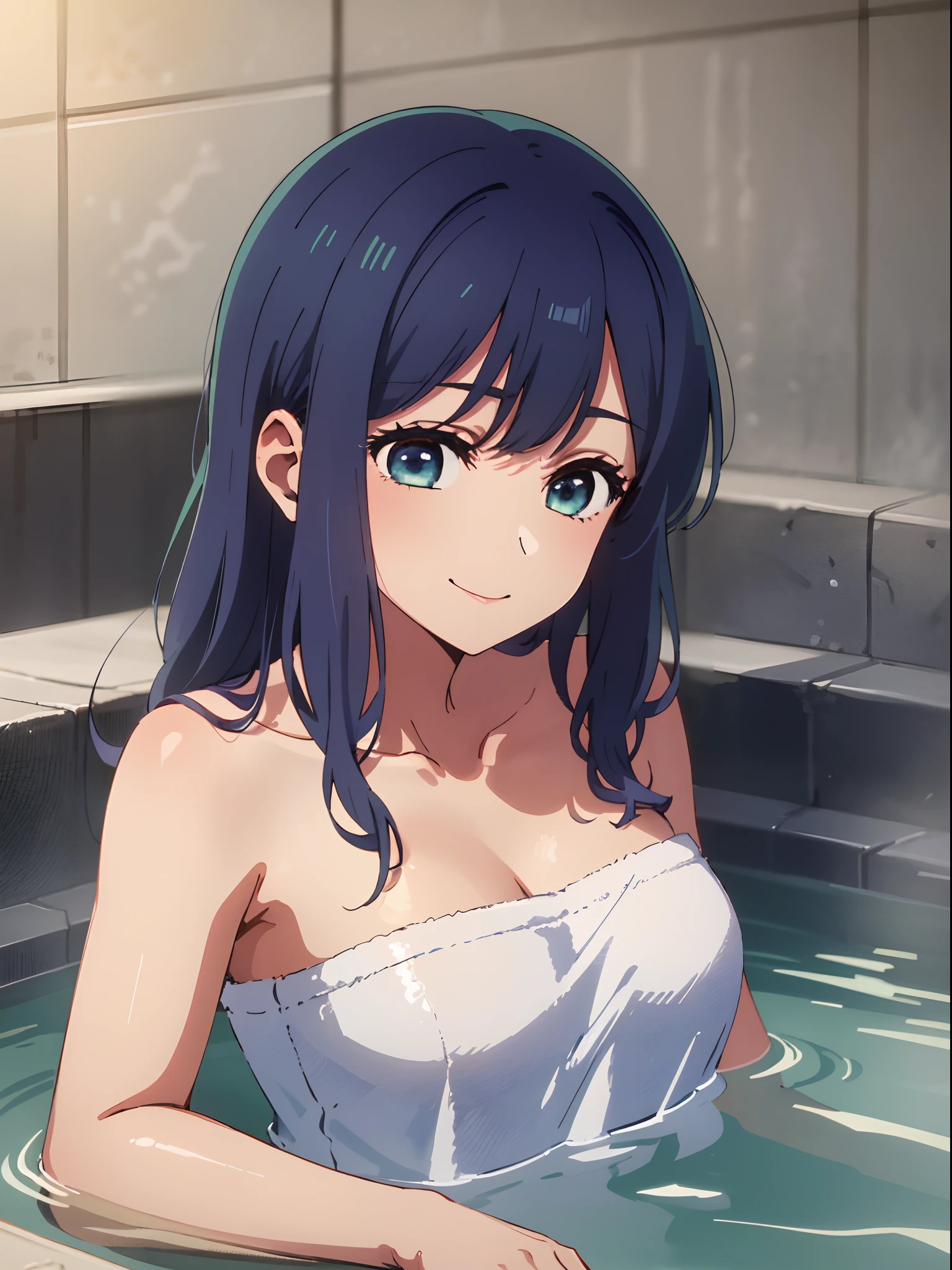 beautiful  lighting, 1girl in, 独奏, Akane,  ((anime styled))、((2D))、be shy、(hot onsen)、A smile、(Bath towel on naked)、a closeup、Ashamed