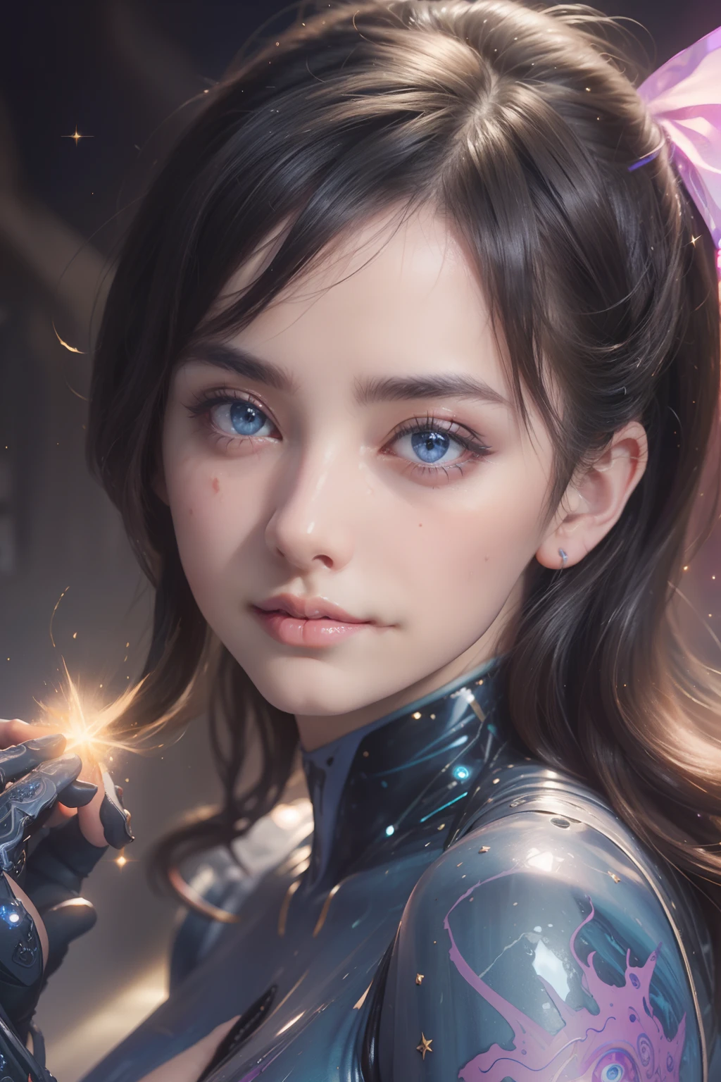 From Side, Photorealistic, Official art, Unity 8k wallpapr, 8K Portrait, Best Quality, Very high resolution, (Incredibly beautiful nature background:1.6), One girl, One beautiful teenage italian girl, sixteen years old, Obscene, (Sexy and glamorous:1.1), (A coquettish expression:1.6), (small breasts with raised pink areolas,:1.6), Vulgarity, (seductively smiling:1.2), (full body1.0), (erotic posing:1.5), (Magic Attack Pose:1.6),(magical effects like sparkles or energy:1.5), (Electric shock from hands:1.1), (Detailed blue bodysuit with beautiful fractal or marble design:1.5), (Beautiful and d delicate ruby, topaz, emerald and sapphire jewelry:1.45),  Beautiful seductive face, Portrait, (Thick eyebrows:1.2), (Big purple eyes:1.2), Beautiful eyes with fine symmetry, (Ultra detailed eyes:1.4), (High resolution eyes:1.1), Intimate face, (ultra detailed skin texture:1.4), White skin, pale skin, Perfect Anatomy, Thin, (Beautiful toned body:1.1), Hair Bow, (Moist skin:1.1), full of sweat, No makeup, dark circles, Good anatomy, Focus Face, goodlooking, (Emilia Clark:0.6)  (Emma watson:0.3),(Jennifer Connelly:0.4), (sensual face:1.5), Elegant face, Nice, Dolce, Cyberpunk Sci-Fi, (Gauntlets with intricate and beautiful designs:1.2), Blurred background, Blurred foreground, depth of fields, (Motion Blur:1.1), Complex and colorful biomechanical bodysuit, Zentangle, mandalas, Entangled,  (Small breasts:1.2), Sheer breast, (Beautiful :1.2), (NSFW:1.2), large hips, drivel,  Juice stain, grabbing on breasts
