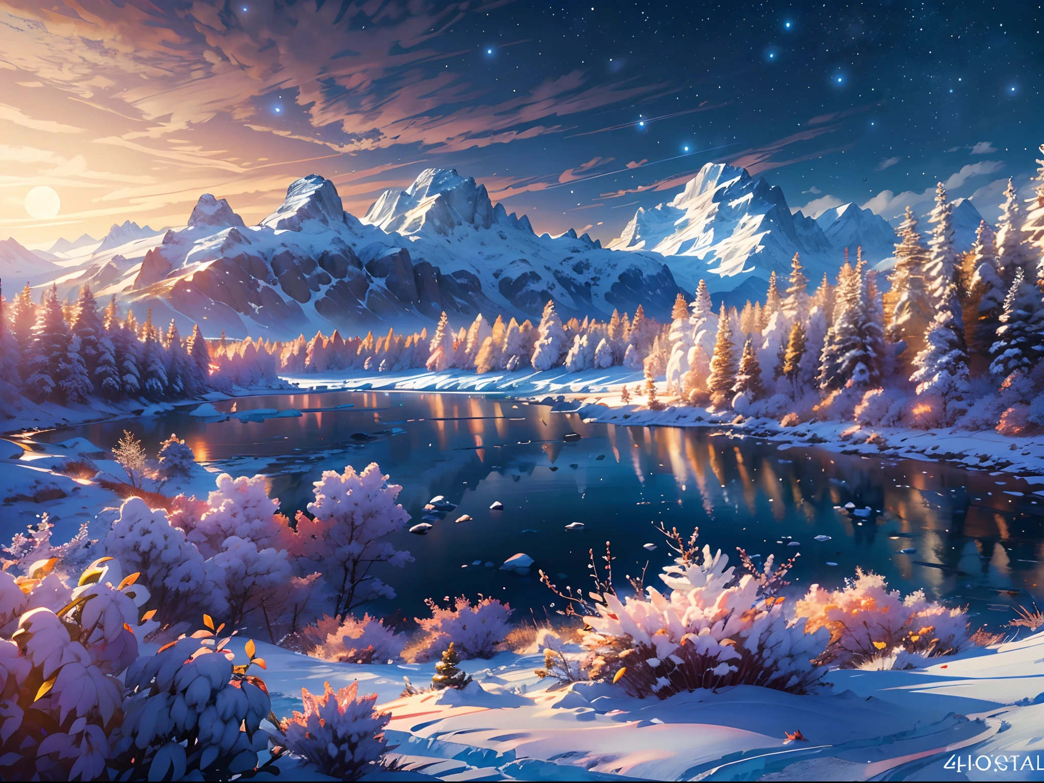 (best quality,4k,highres,masterpiece:1.2),ultra-detailed,(realistic,photorealistic,photo-realistic:1.37),HDR,UHD,studio lighting,crisp details,professional,vivid colors,bokeh,winter,anime,landscape,night,full moon,cold,wonderland,serene,tranquil,icy,shooting stars,glowing ice,gigantic mountain,majestic,snow-covered peaks,snowy forest,frozen lake,sparkling snowflakes,mysterious shadows,distant snowy hills,endless horizon,frosty atmosphere,calm reflection,peaceful silence,luminous moonlight,ethereal beauty,winter eco-system,harmony of nature,captivating stillness,enchanted scenery,magical landscape,awe-inspiring,serene tranquility,spellbinding view