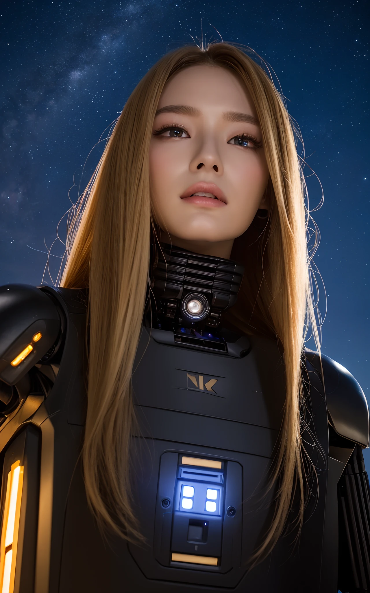 (top-quality、超A high resolution、8K、masterpiece、realisitic、Photorealsitic)、(Humanoid Droid:1.5)、1 persons、Droid with beautiful female face、Golden hair、The upper part of the body、close-up、frombelow、(Looking up at the sky:1.2)、looking in camera、BREAK、(nigh sky:1.2、milkyway:1.1)、natta、Natural lighting