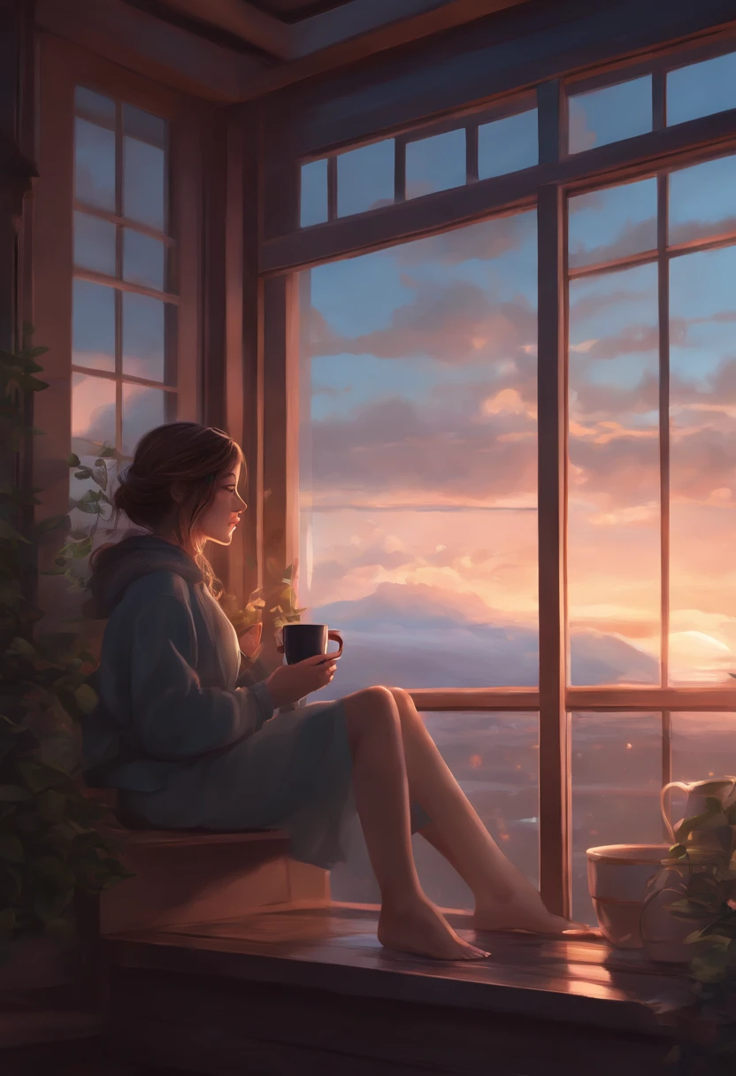 a girl, alone, sit close of window, looking to starts in sky, drinking coffee, cold color palette,  digital anime illustration, inspired by WLOP, Art Station Top, super detailed fantasy characters, 3D Anime Style, high quality render