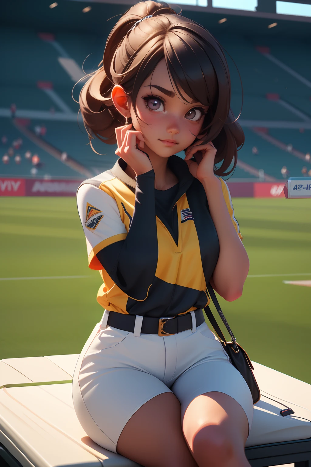 A girl sitting in cricket stadium cheering for a team, deviantart artstation cgscosiety, cgsociety portrait, photorealistic anime girl render, 3 d render character art 8 k, stunning digital illustration, gorgeous 3d render, cgsociety inspired, trending in cgsociety, 3d render trending on artstation, trending on artstation hd, render of april