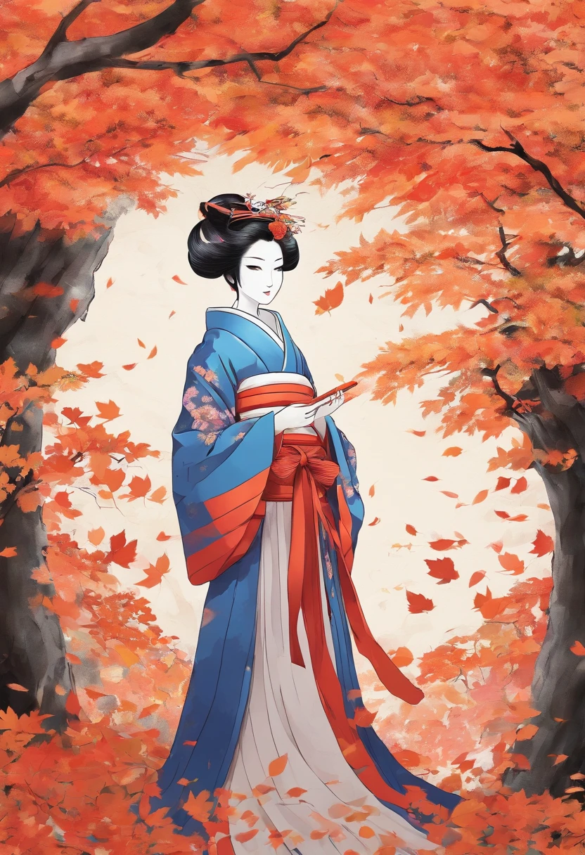 pencil drawing of anime geisha in the background japanese autumn leaves high quality minimalist ink