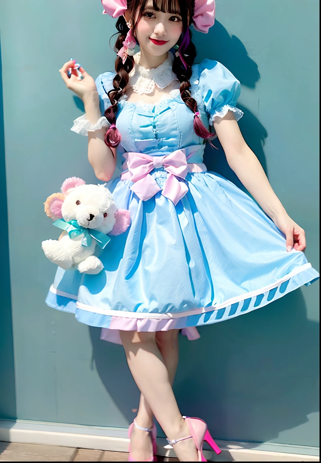 Alafe in blue dress and pink shoes holding a teddy bear, angelic pretty, ta Fashion, Lolityle, candy pastel, Belle Delphine, Kawaii Style, kawaii decora rainbowcore, lovely pastel colors, Pastel blue and pink, pastel goth, pastel goth aesthetic, candy girl, Pastel style, dreamy style, colorful pastel, blue and pink