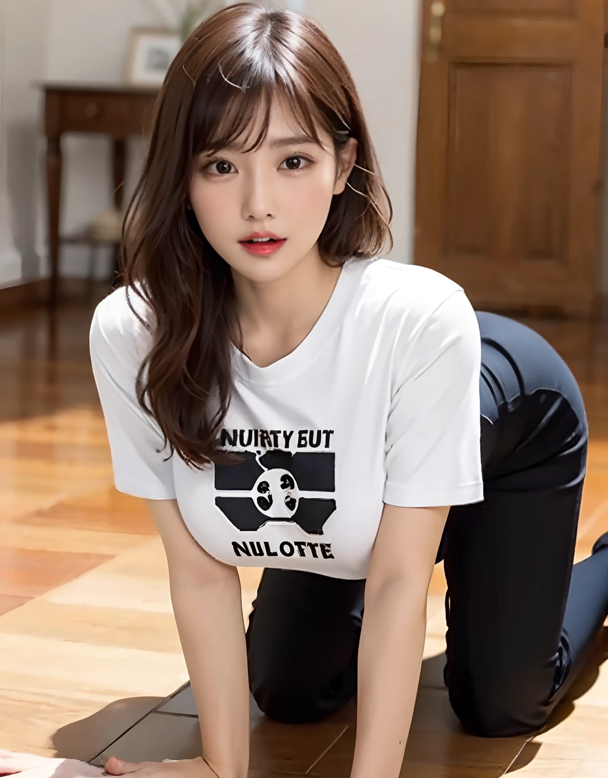 ,POV,On all fours,On the hands and feet,(Naughty :1.3),(:1.3),(Vulgarity:1.3),NSFW,(shirts lift:1.4),large full breasts,18 years old showing off nipples　Sensual appearance　barechested