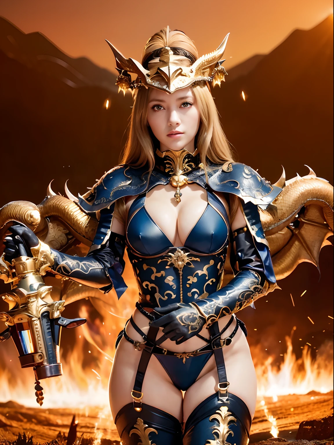 Professional , masterpiece、top-quality、photos realistic , depth of fields 、(Dragon Black Metal Body:1.9),(Matte Blue Black、(cleavage of the breast)、Dragon Gold Weapon、(Micro Bikini Armor:1.4),Gorgeous gold weapons ,(Fight dragons)、Seductive look、(( Dragon's dense and gorgeous sword)) , (demonic wings) ,Detail and gorgeous crown、((a blond))、(Castle background)、((Gangle's forest background))、Beautiful Caucasian beauty、1a person、dynamic ungle,(((Detailed and ornate dragon helmet)))、Smaller head、A smile、Castle background、Thin and beautiful female hands、cleavage of the breast、Soldier in iron armor on background、Mystical expression、Light Effects、intense fighting、Wind-effect、magic circles、With the legendary magic wand、Dragon's tail、explosions、