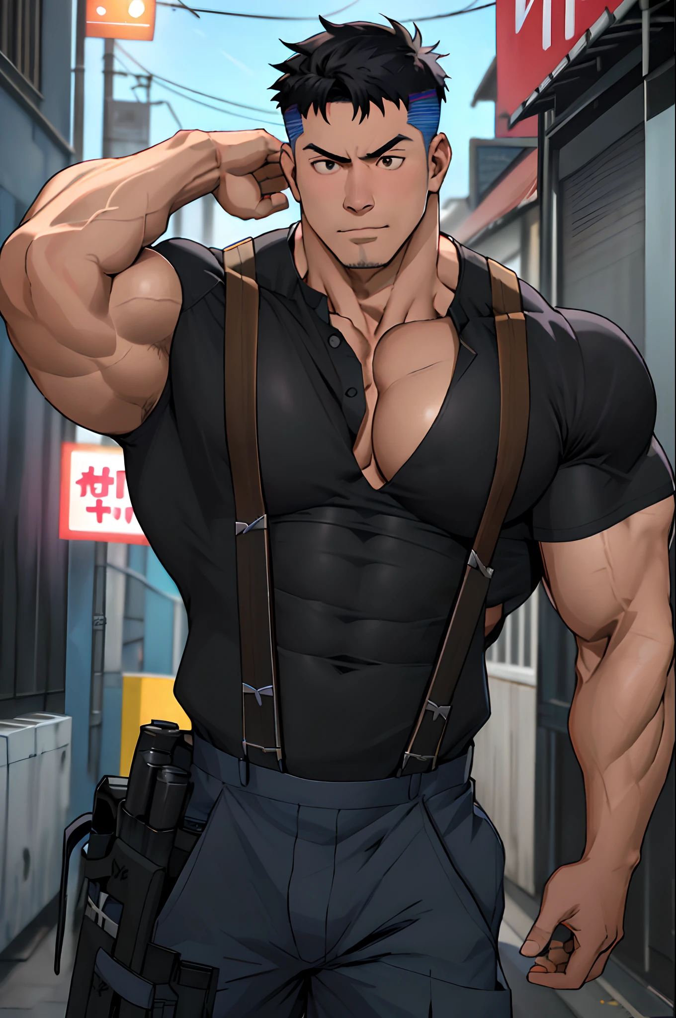 Asian Man, Jarhead, Obimei Barrel, syahnk, (hyper pecs:1.8),Best Quality, masutepiece, 超A high resolution, Detailed background, Realistic, Illustration, lens, Solo, 1boy, Muscle Man, Black shirt、suspenders、underpants, Street, muscle, facial hairs, Volumetric lighting, depth of fields