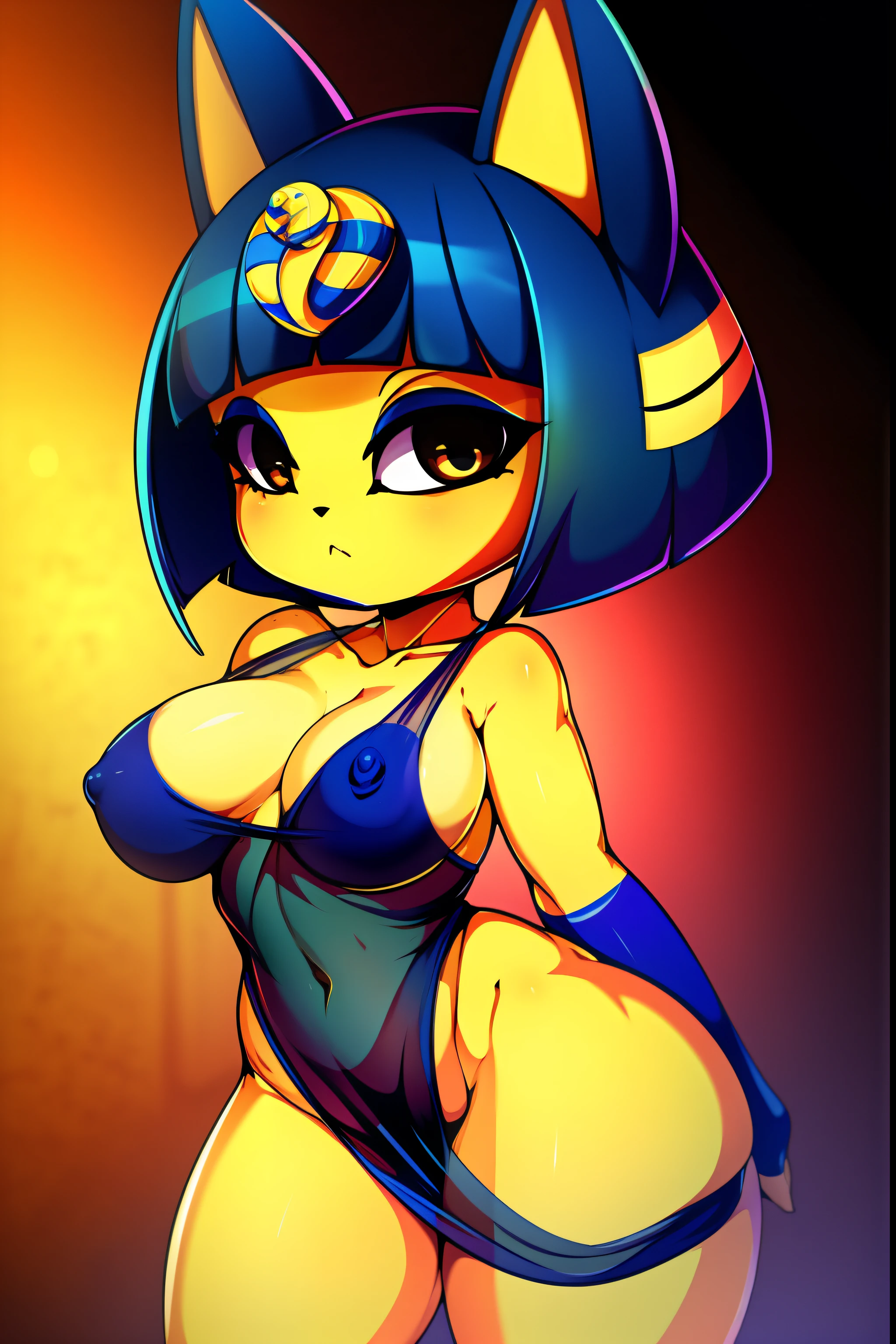 Ankha from animal crossing, anthro, beautiful girl, full body, attractive body, slim beautiful body, attractive beautiful face,  small chest, ultra hd, hdr,  intricate detail, masterpiece, 8k, nsfw, in the style of slugbox, high saturation, glowing colors, classic outfi, tits out, chibi, short, flat chest. Tiny boobs,  white see-through dress