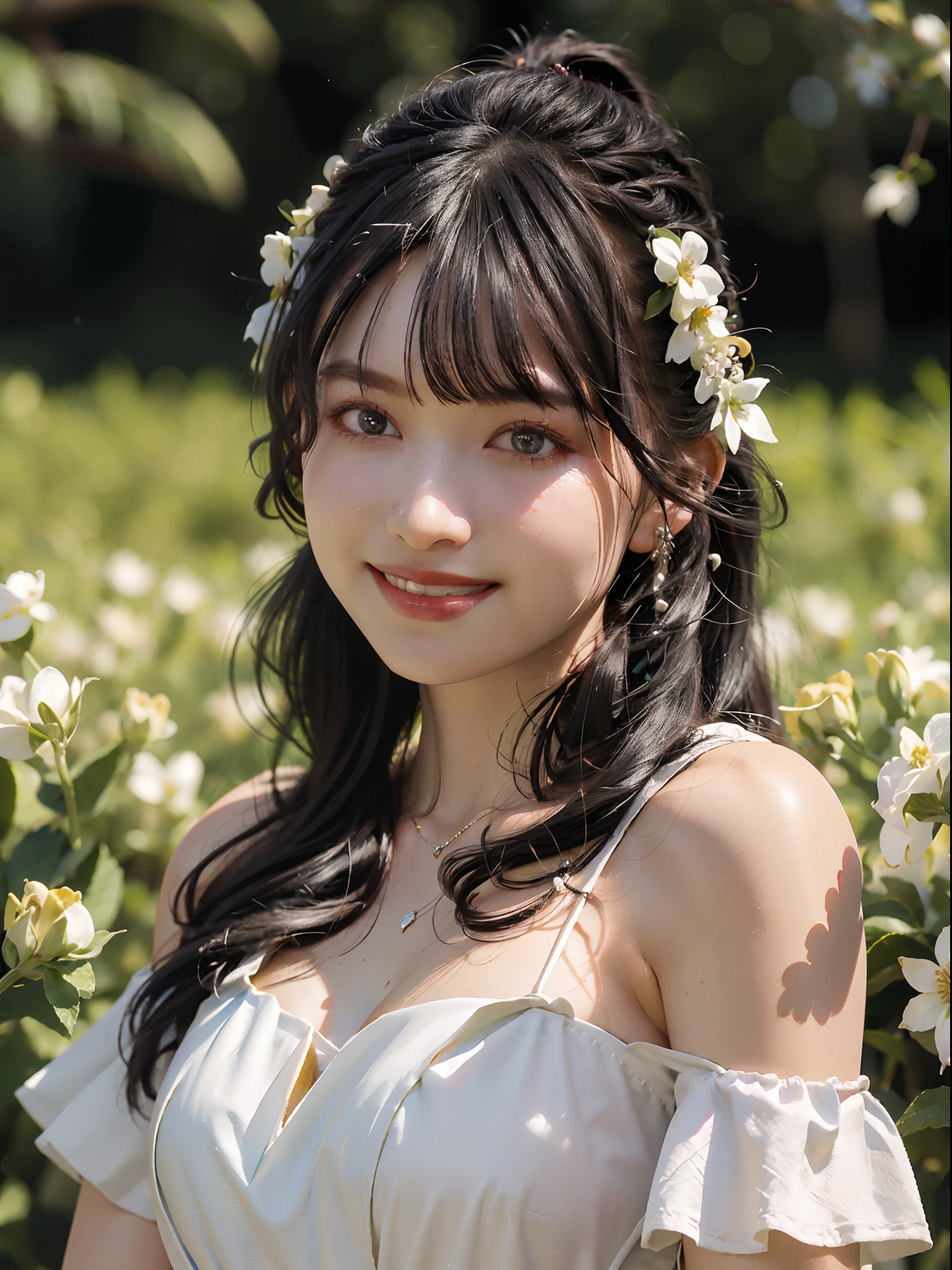 Best quality, masterpiece, ultra high res, (photorealistic:1.4), raw photo, 1girl, white dress, off shoulder, blossom flower field, glowing skin, light smile