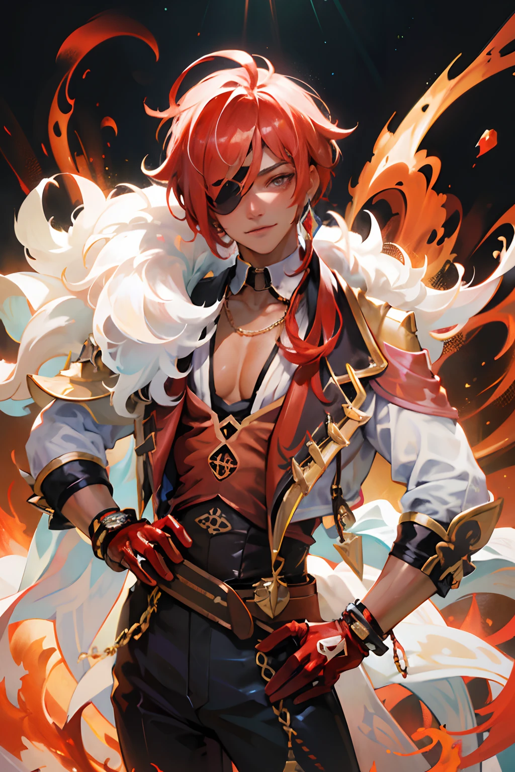 1 male, young man, tan skin. eyepatch on right eye, ((red hair)), dramatic lighting, detailed, masterpiece, kaeya (genshin impact), 1man, male focus, eyepatch, dark-skinned male, red gloves, solo, jewelry, earrings, red eyes, single earring, dark skin, bangs, dark gloves, smile, mature, handsome, tall muscular guy, broad shoulders, fingerless gloves, abstract red fire swirls, fire sparkles, (fire background)